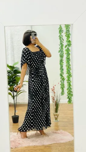 Maxie off-the-shoulder pleated maxi dress.