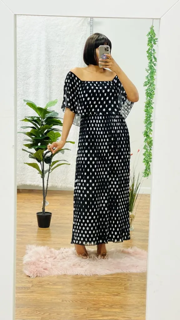 Maxie off-the-shoulder pleated maxi dress.