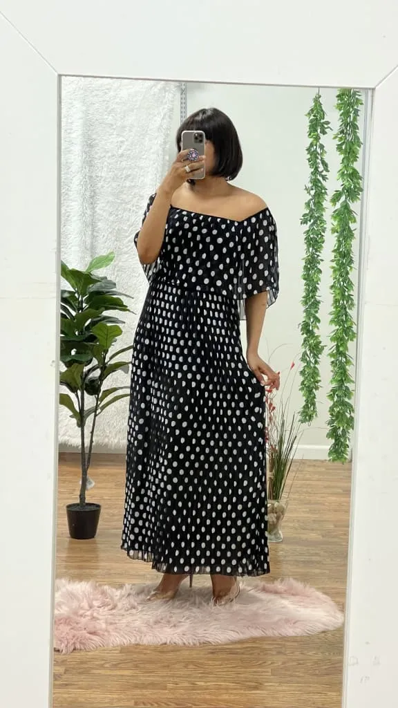 Maxie off-the-shoulder pleated maxi dress.