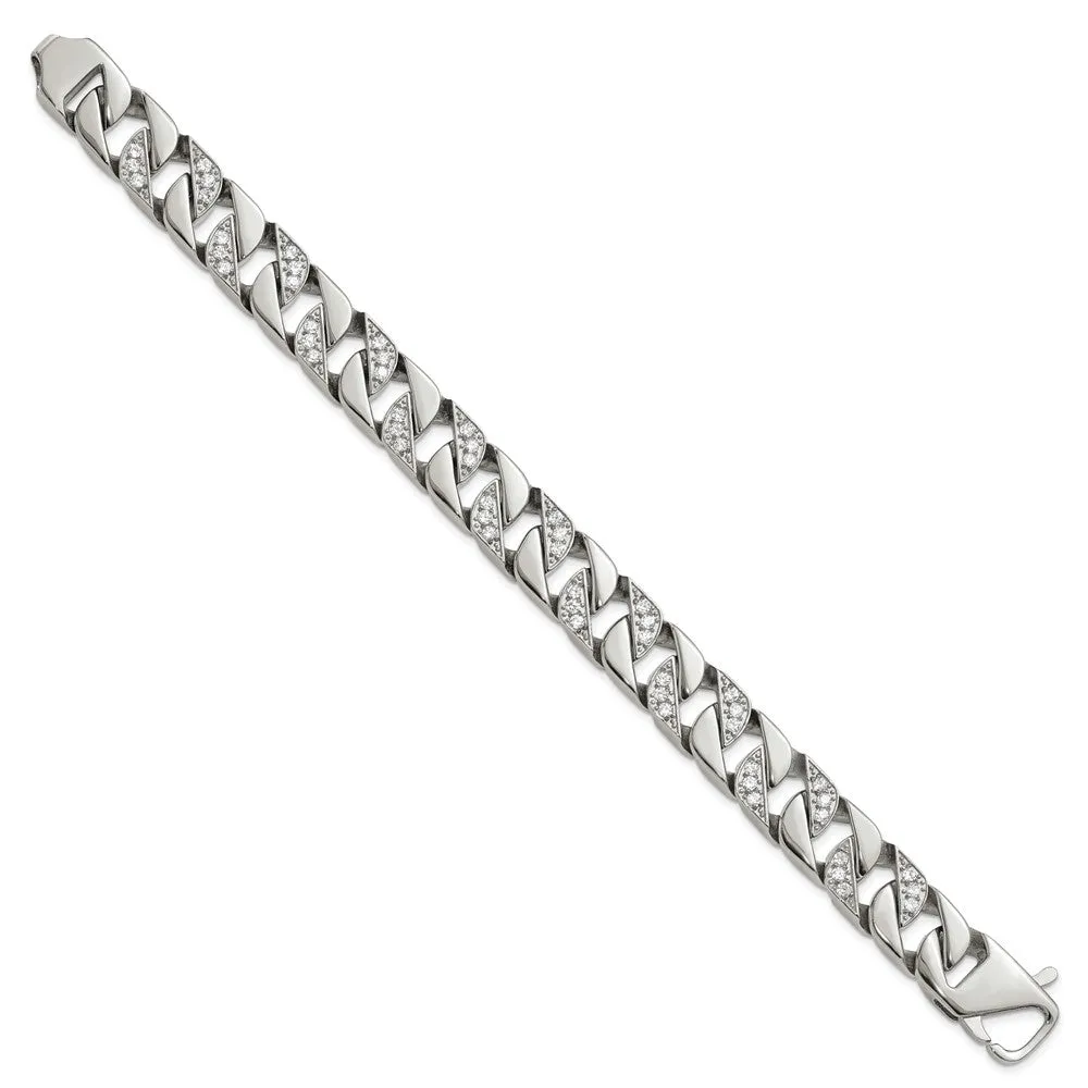 Men's 13mm Stainless Steel & CZ Curb Chain Bracelet, 8.5 Inch