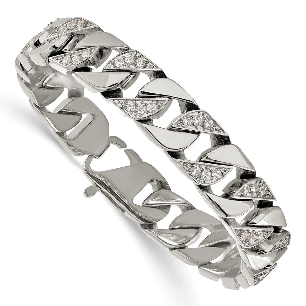 Men's 13mm Stainless Steel & CZ Curb Chain Bracelet, 8.5 Inch