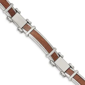 Men's 14mm Stainless Steel & Wood Inlay Link Bracelet, 8.25 Inch