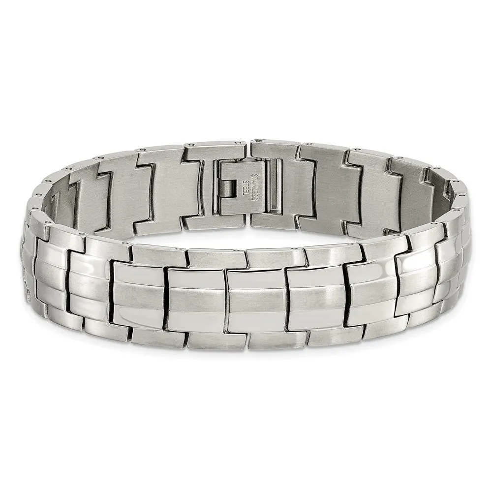 Men's 15mm Stainless Steel Brushed & Polished Link Bracelet, 8.5 Inch