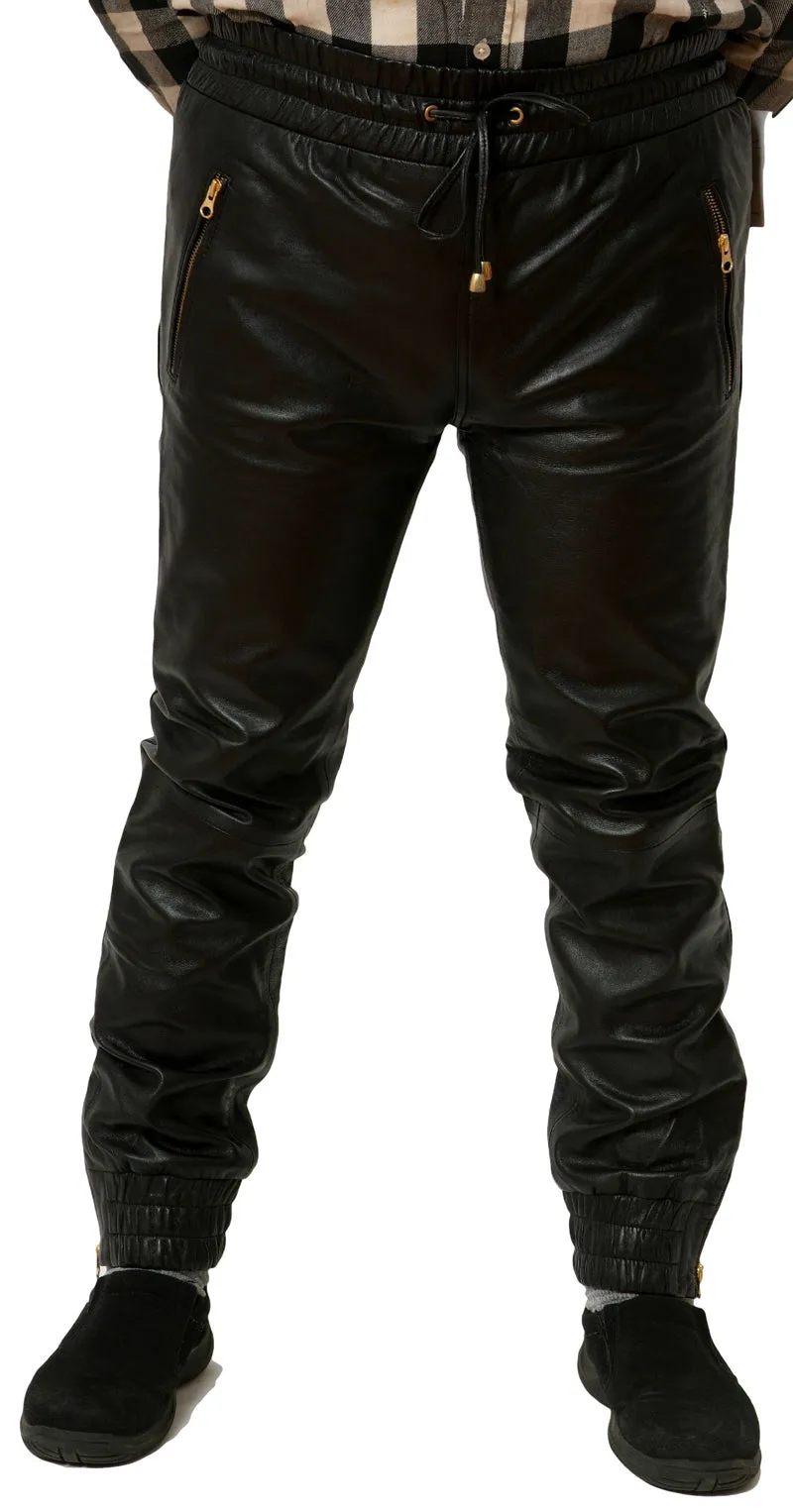 Mens Black Leather Joggers