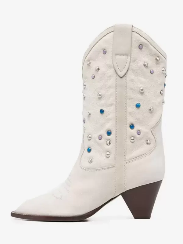 Mid Calf Western Boots with Studs and Pointed Toe