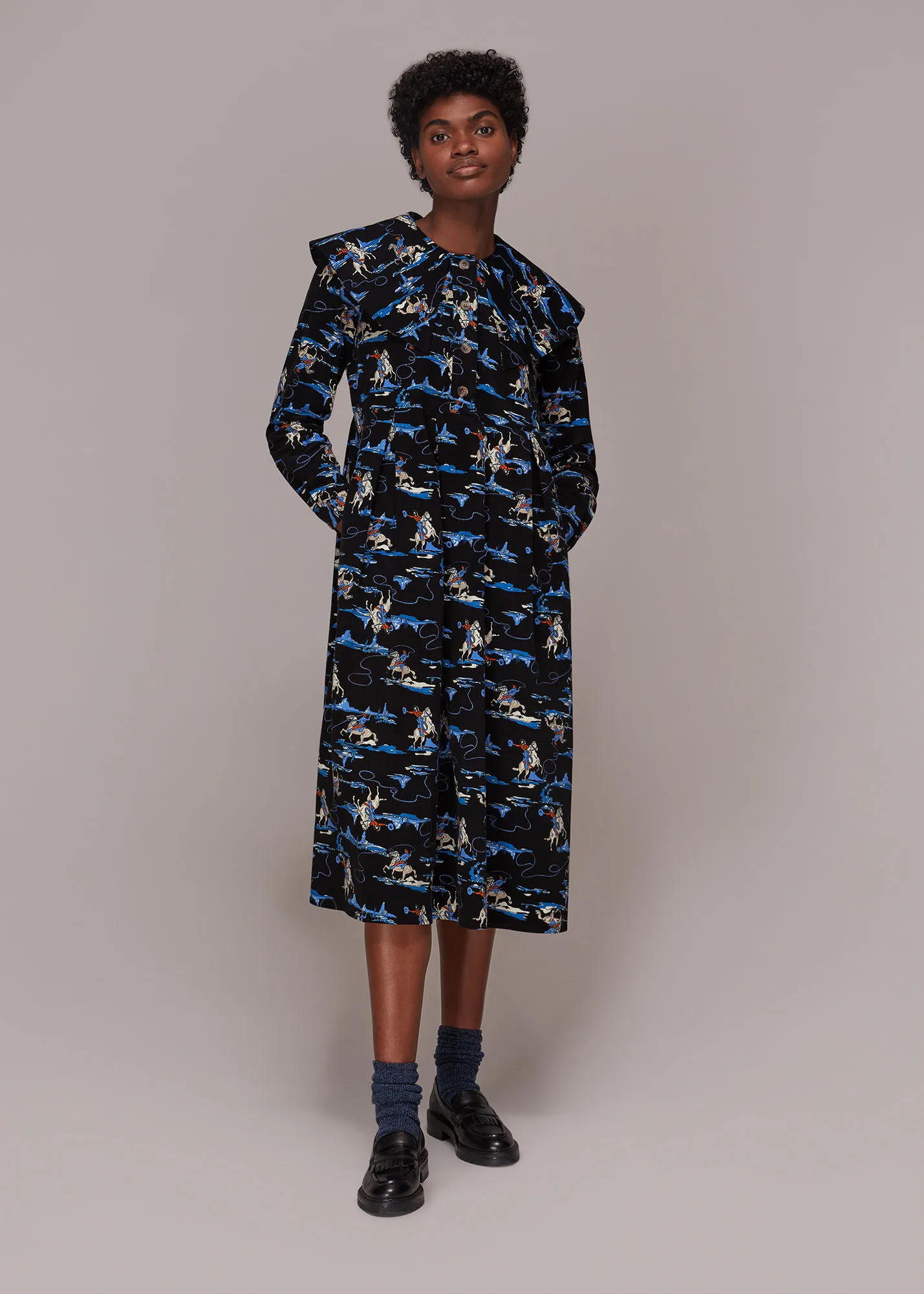 Multicolour Cowboy Print Cord Collar Dress