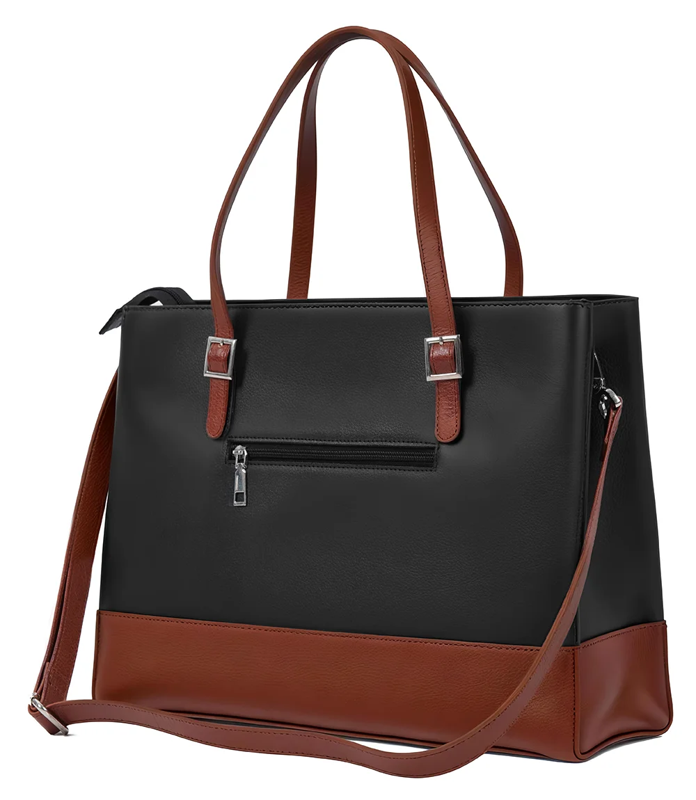 Myra Black and Tan Real Leather Tote Bag for Women's