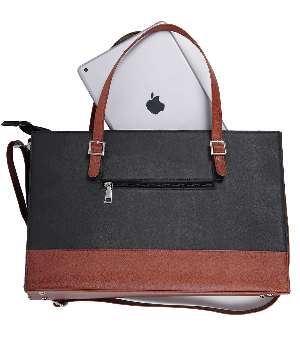 Myra Black and Tan Real Leather Tote Bag for Women's