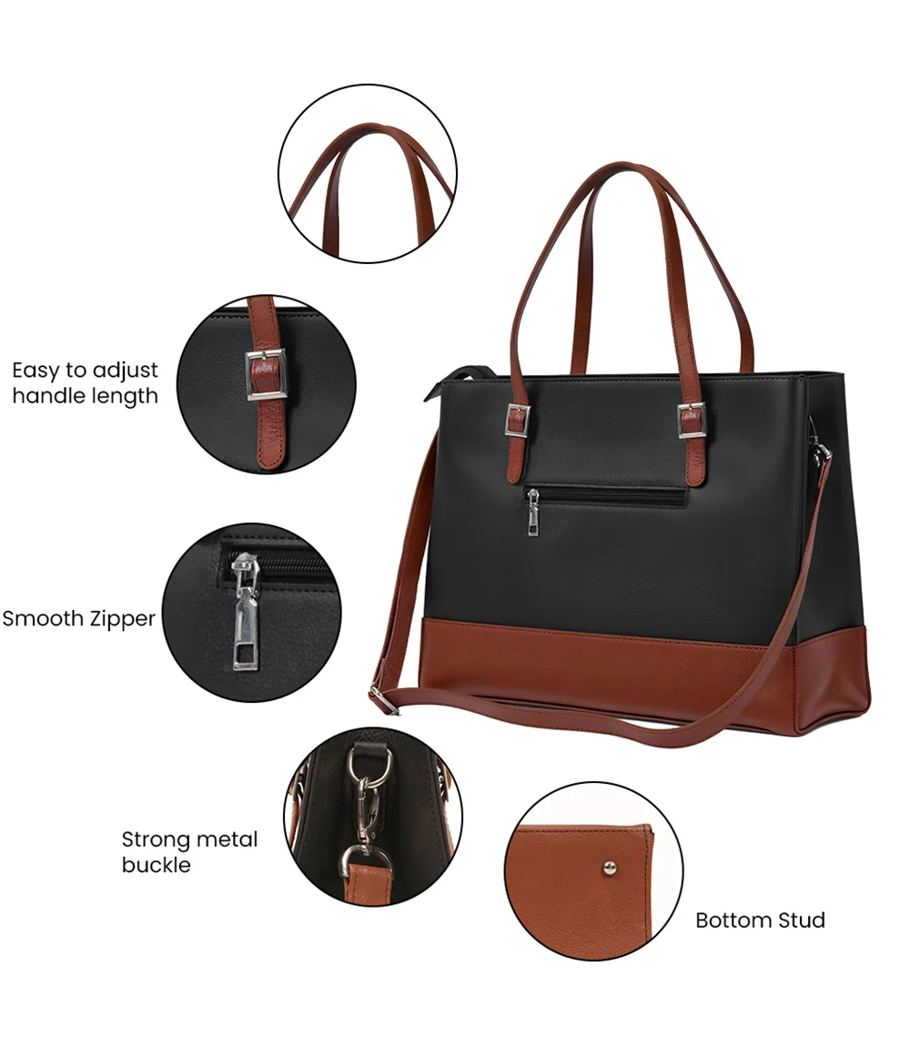 Myra Black and Tan Real Leather Tote Bag for Women's