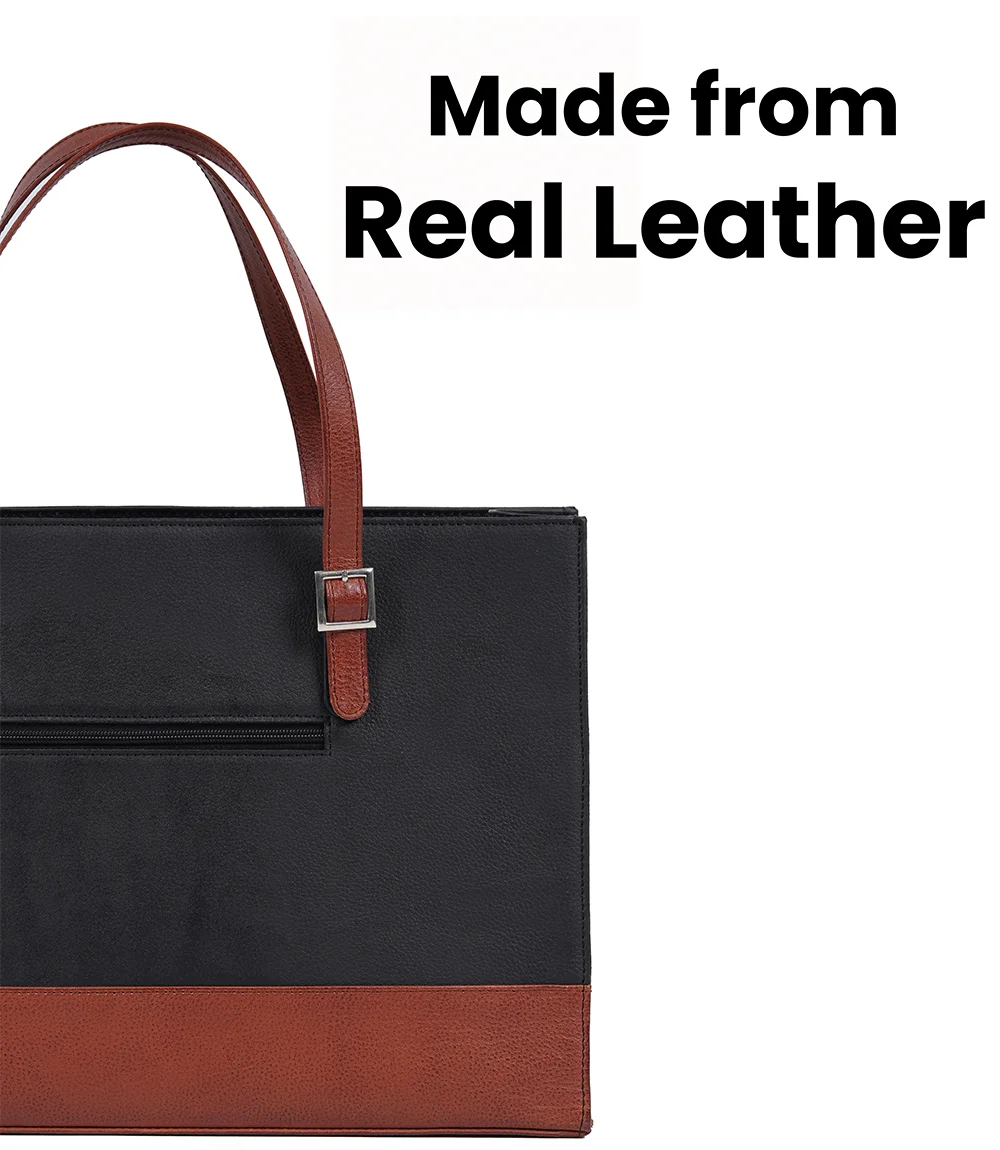 Myra Black and Tan Real Leather Tote Bag for Women's