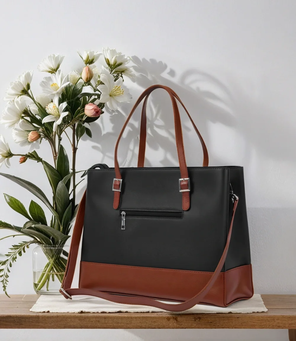 Myra Black and Tan Real Leather Tote Bag for Women's