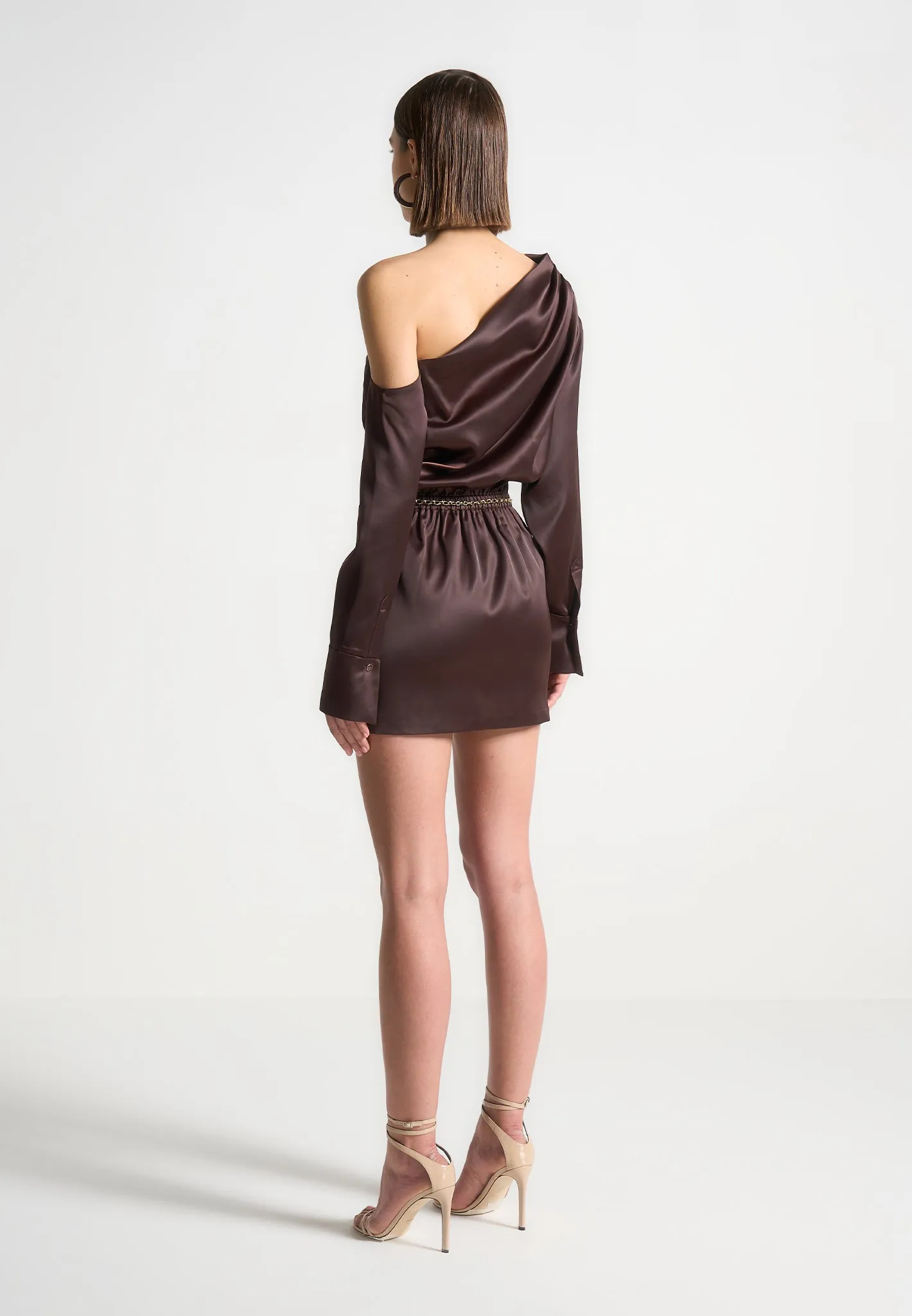 Off Shoulder Draped Satin Mini Dress with Belt - Brown