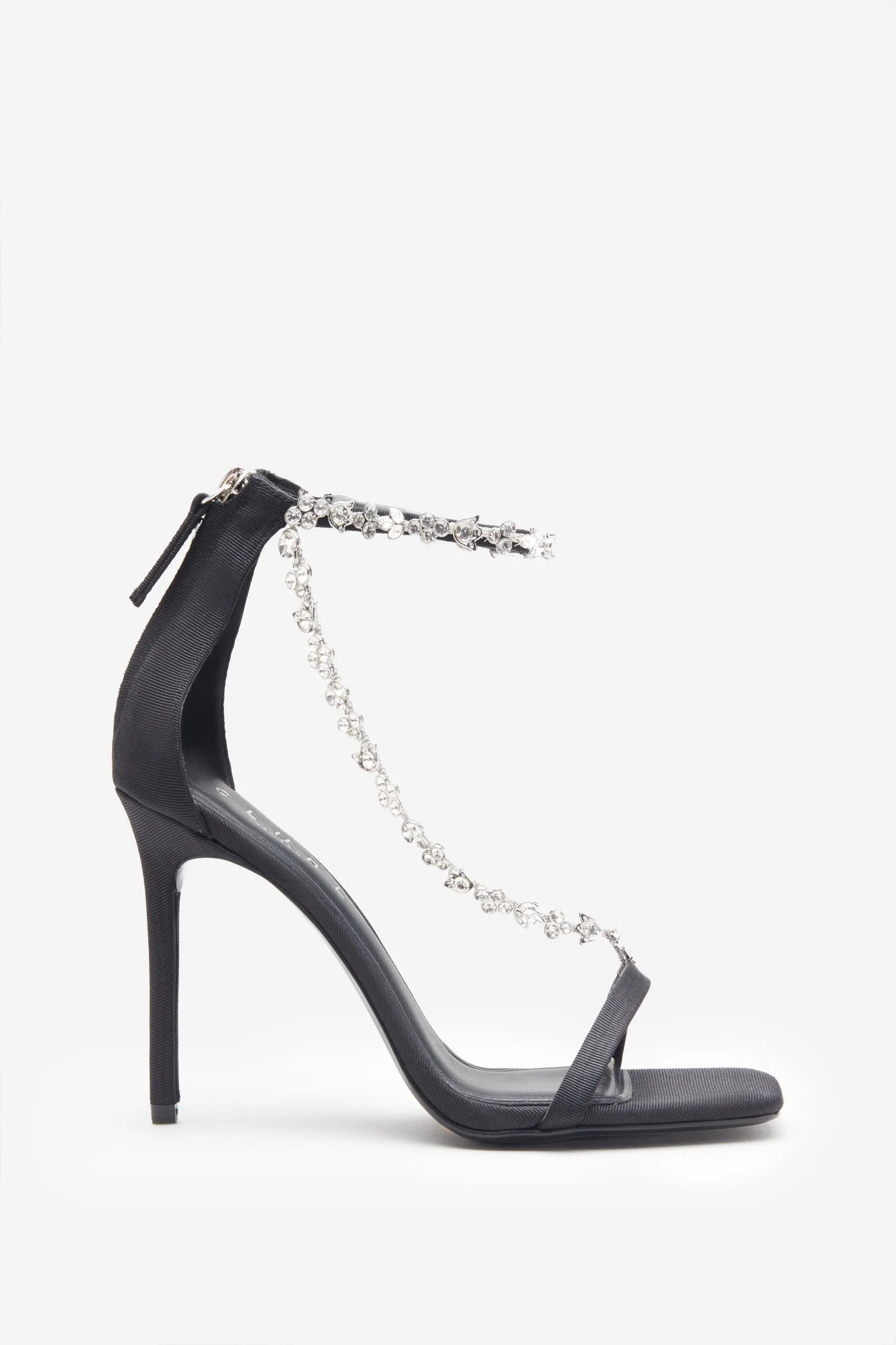 Black Strappy Heeled Sandals | Diamante Chain Details