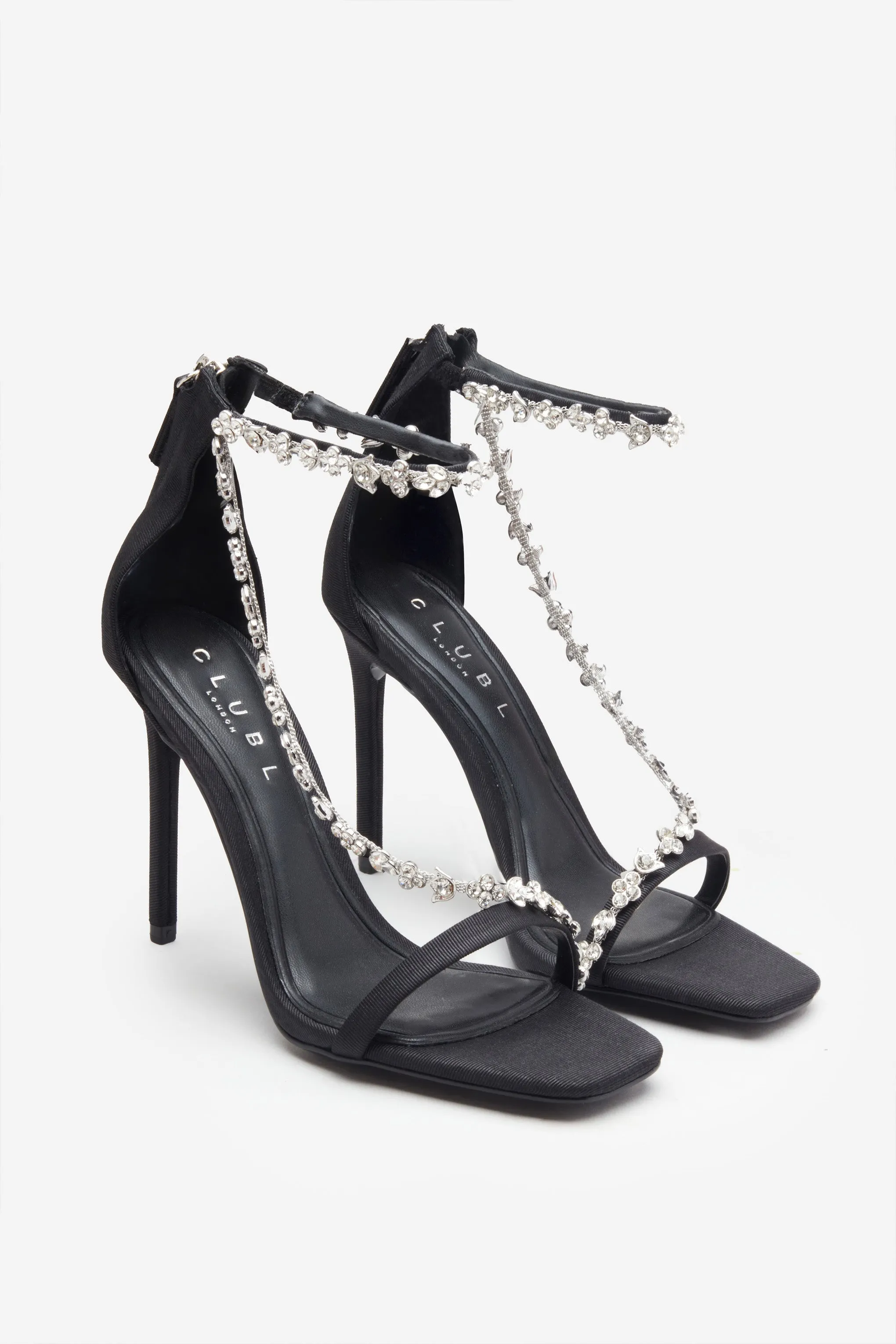 Black Strappy Heeled Sandals | Diamante Chain Details