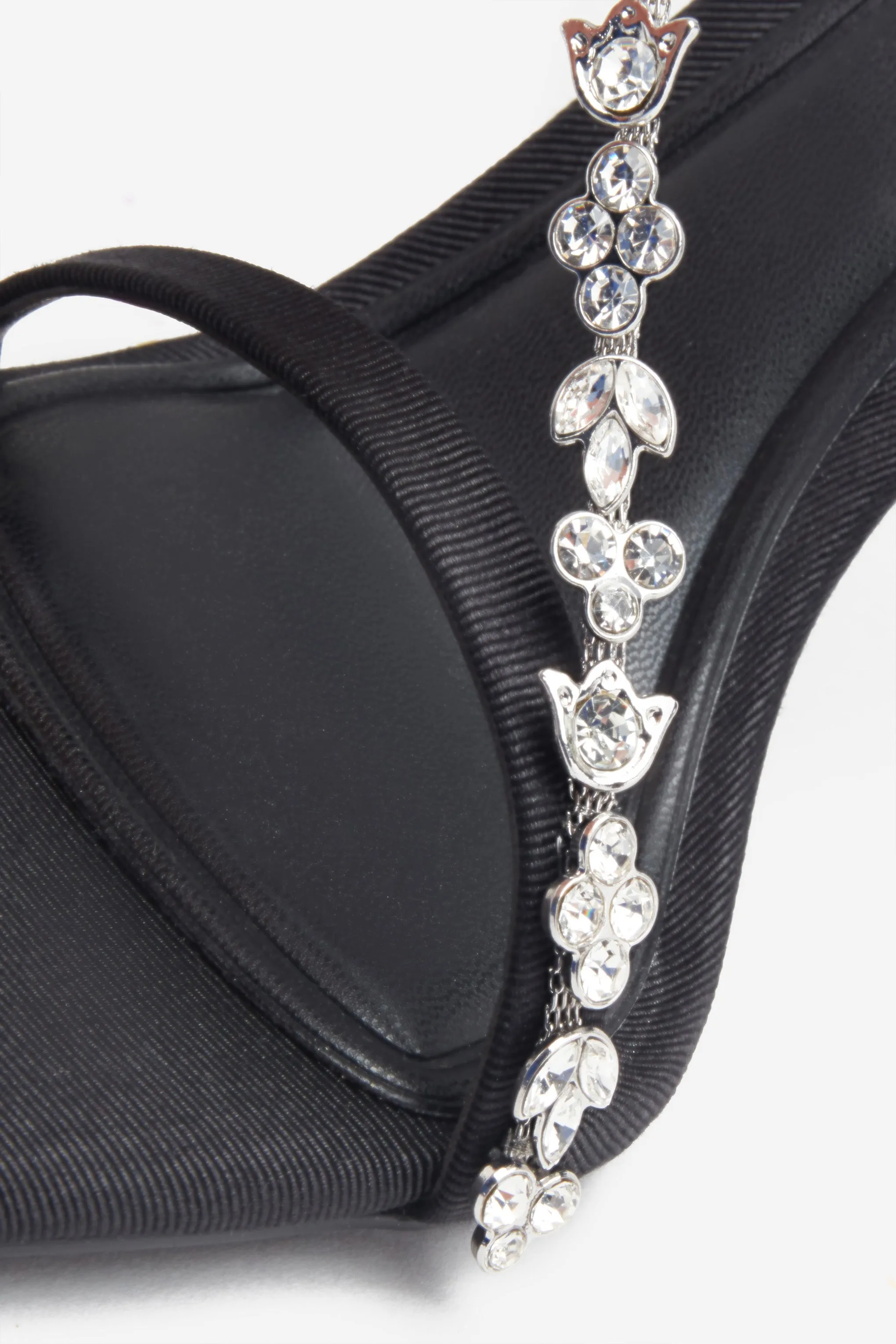 Black Strappy Heeled Sandals | Diamante Chain Details