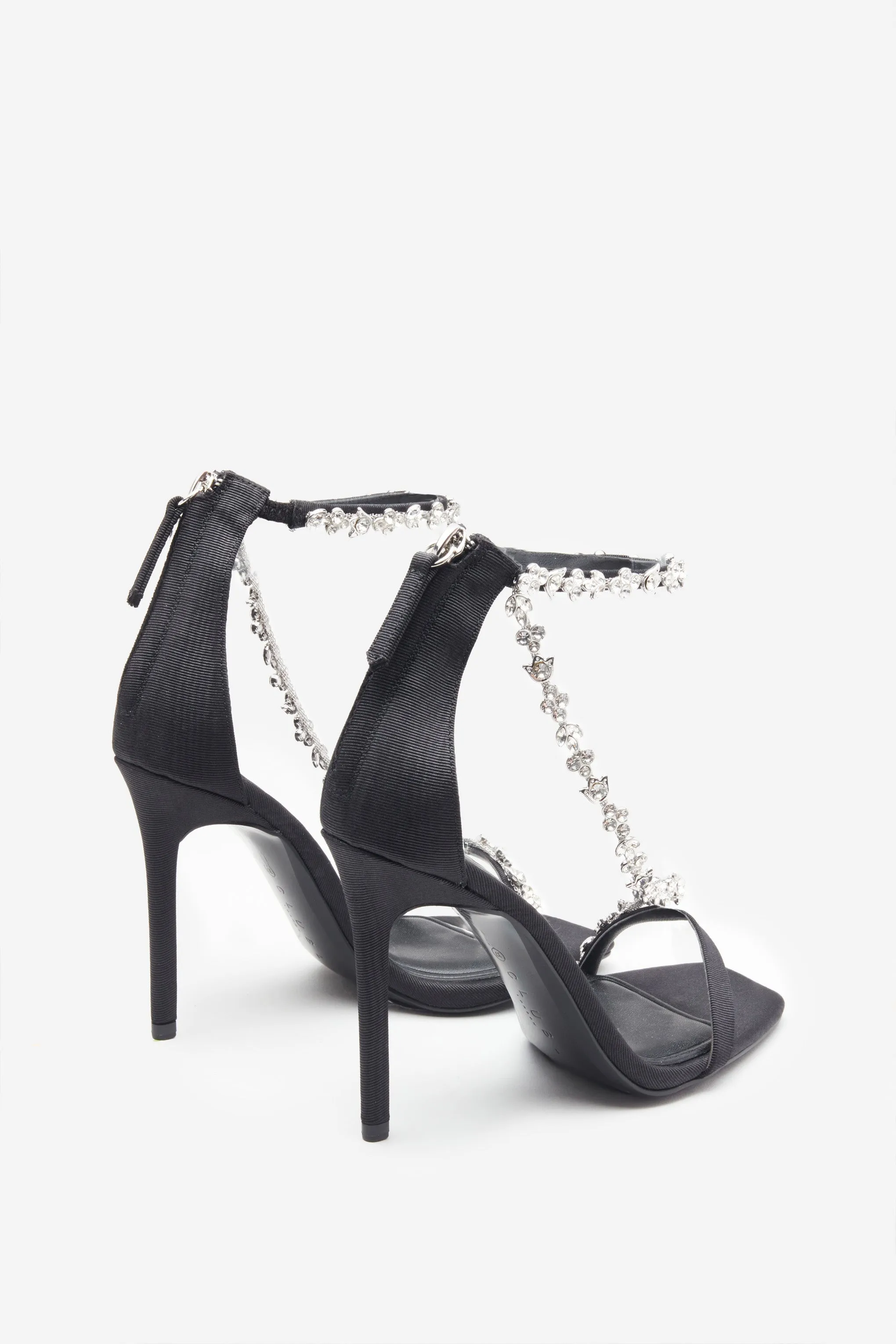 Black Strappy Heeled Sandals | Diamante Chain Details