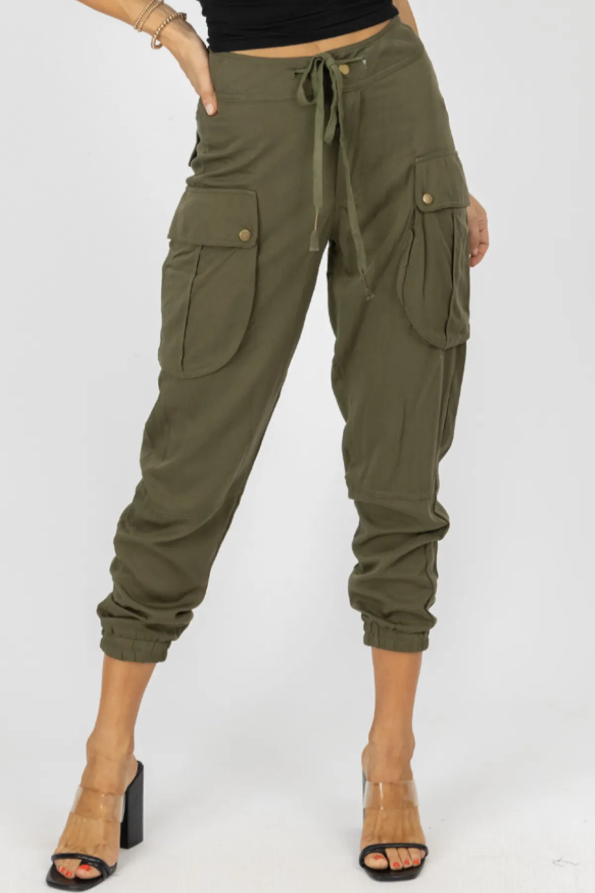 OLIVE CARGO WAIST TIE JOGGERS