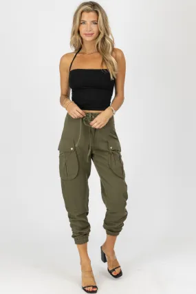 OLIVE CARGO WAIST TIE JOGGERS