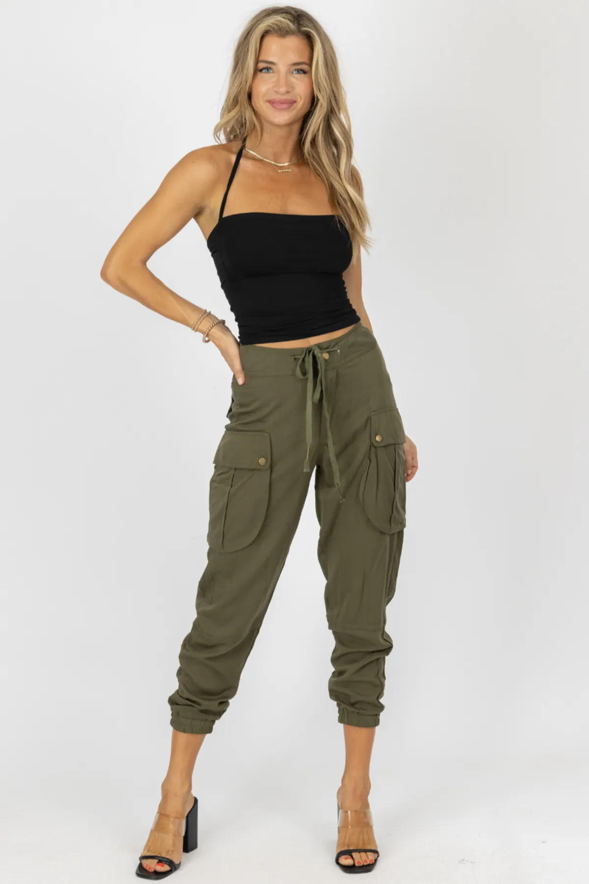 OLIVE CARGO WAIST TIE JOGGERS