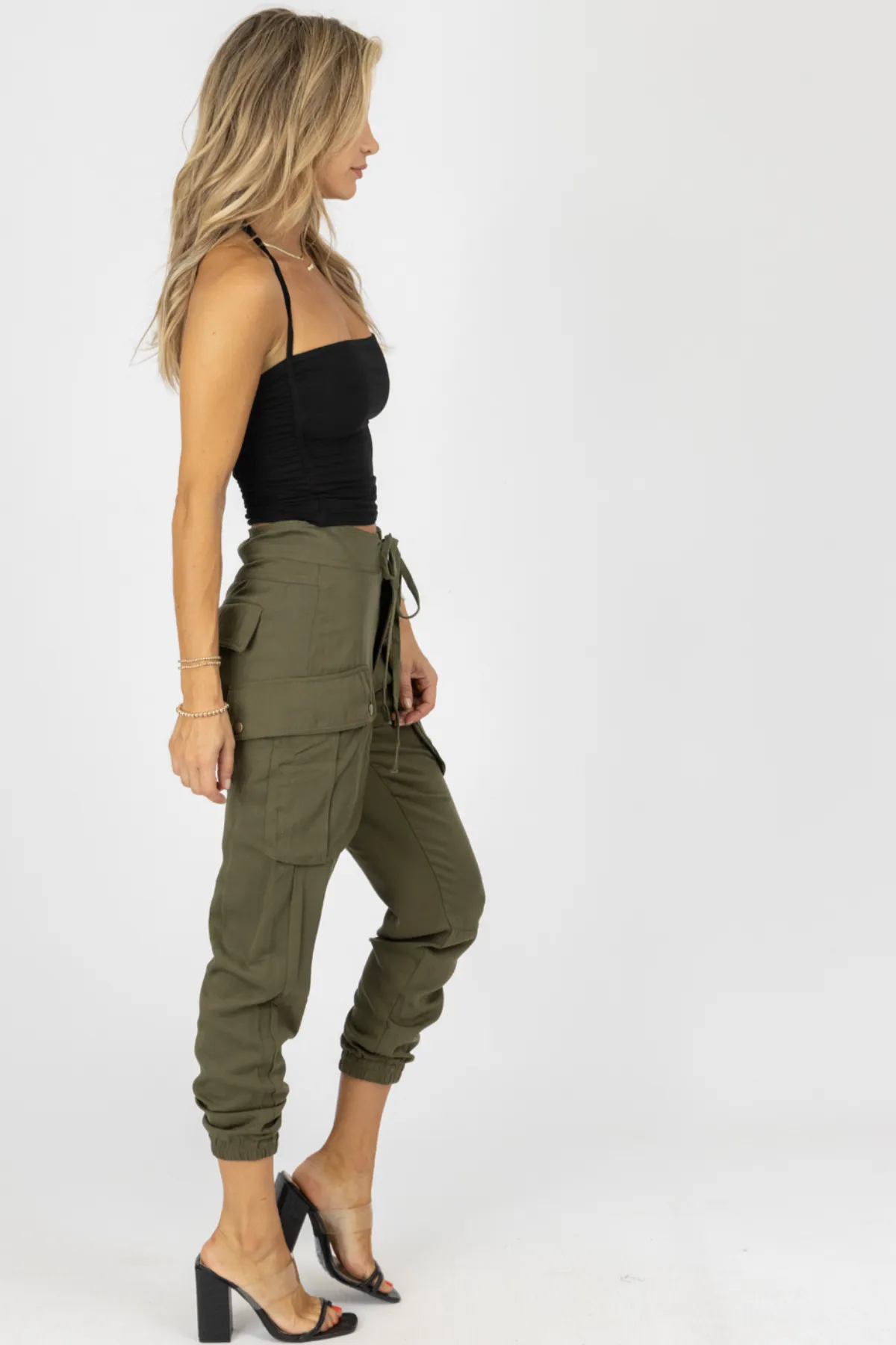 OLIVE CARGO WAIST TIE JOGGERS