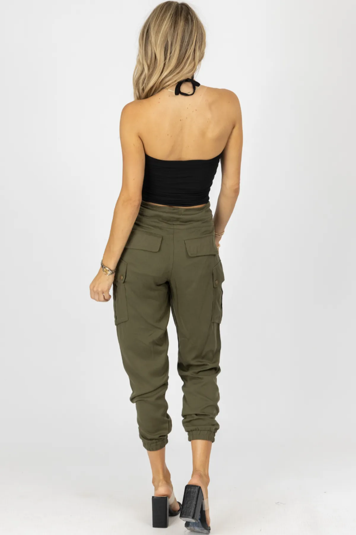 OLIVE CARGO WAIST TIE JOGGERS