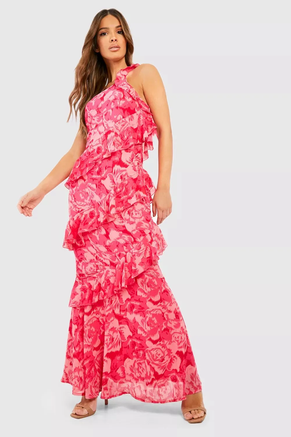 One Shoulder Chiffon Maxi Dress