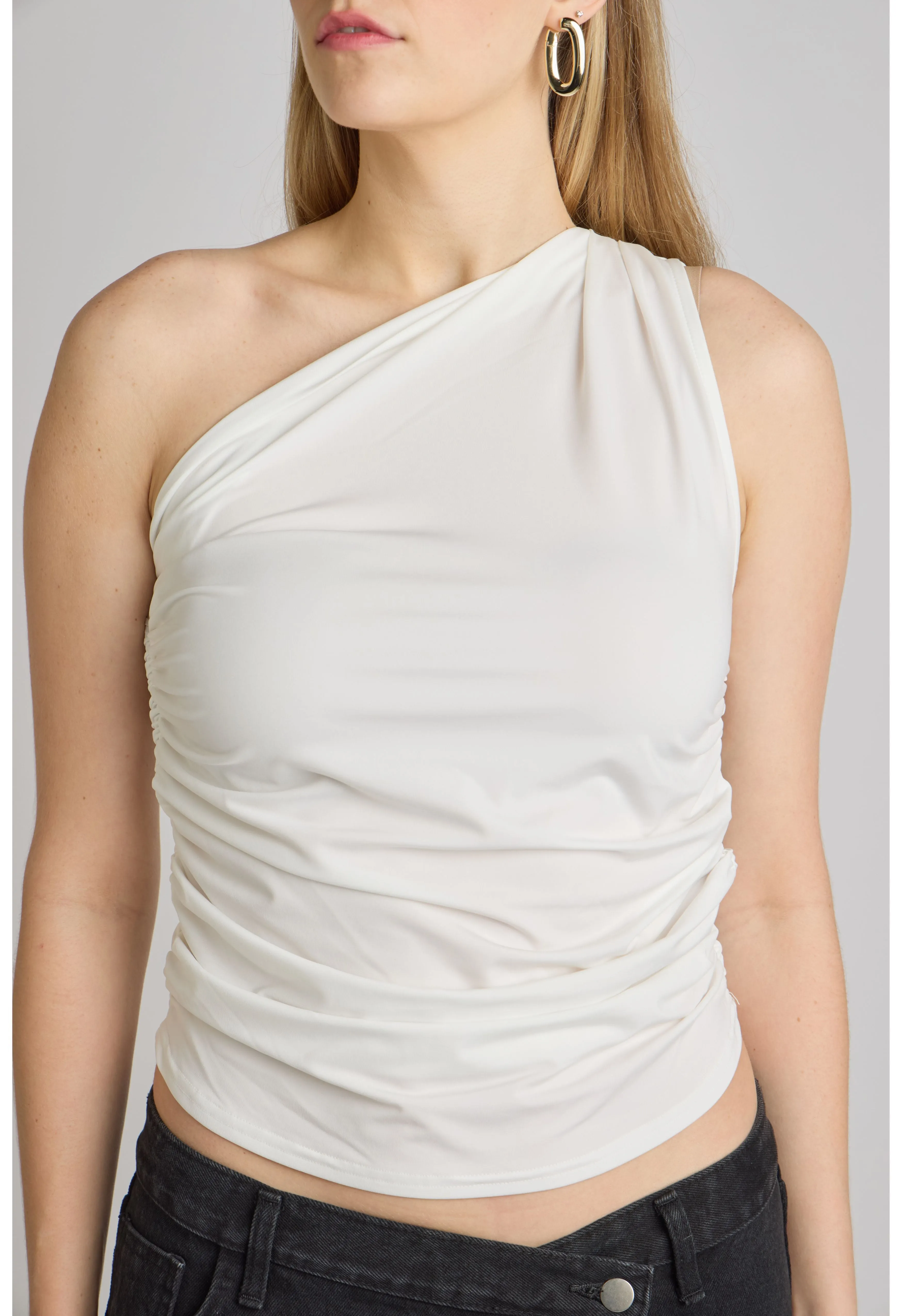 White One Shoulder Ruched Top