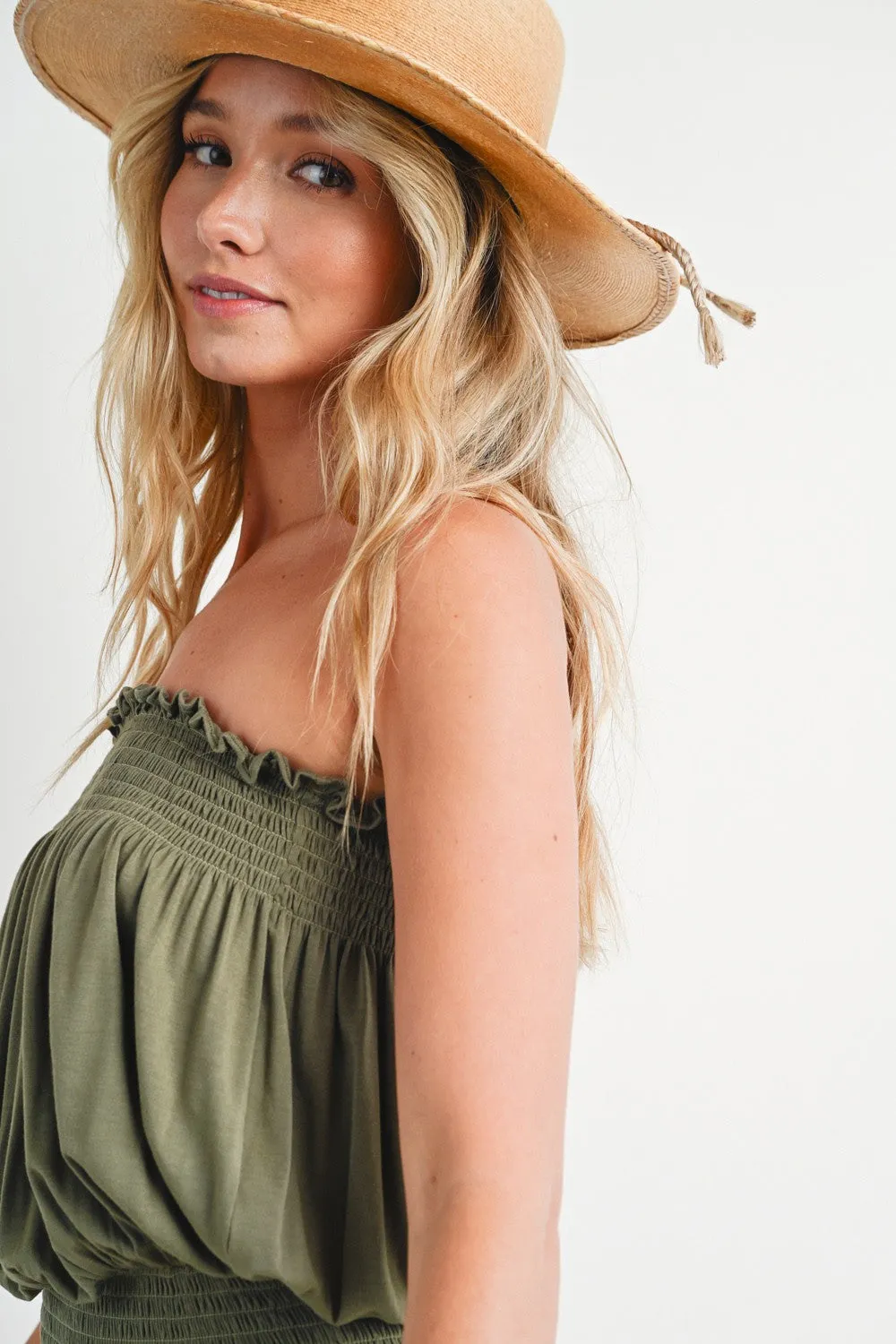 Open Shoulder Smocked Romper