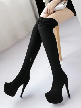 Black Stiletto Stretch Over-The-Knee Sexy Women's Platform Boots