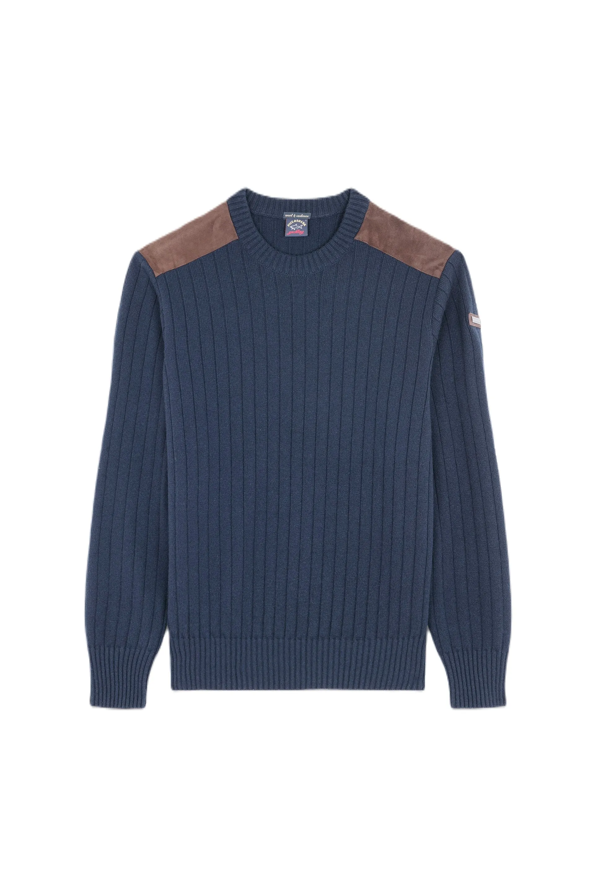 Paul & Shark Rib Crew With Leather Shoulder Pads Navy