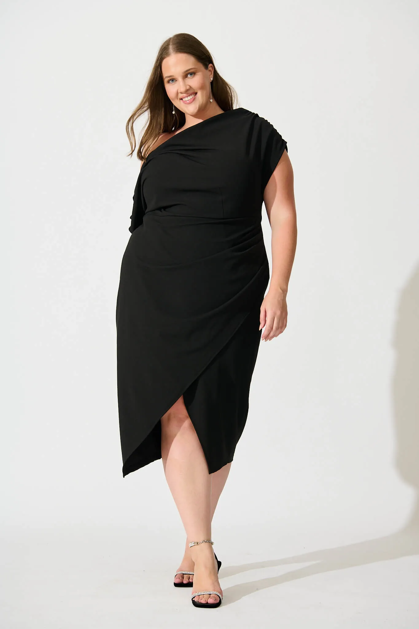 Phoenix Off Shoulder Midi Dress In Black