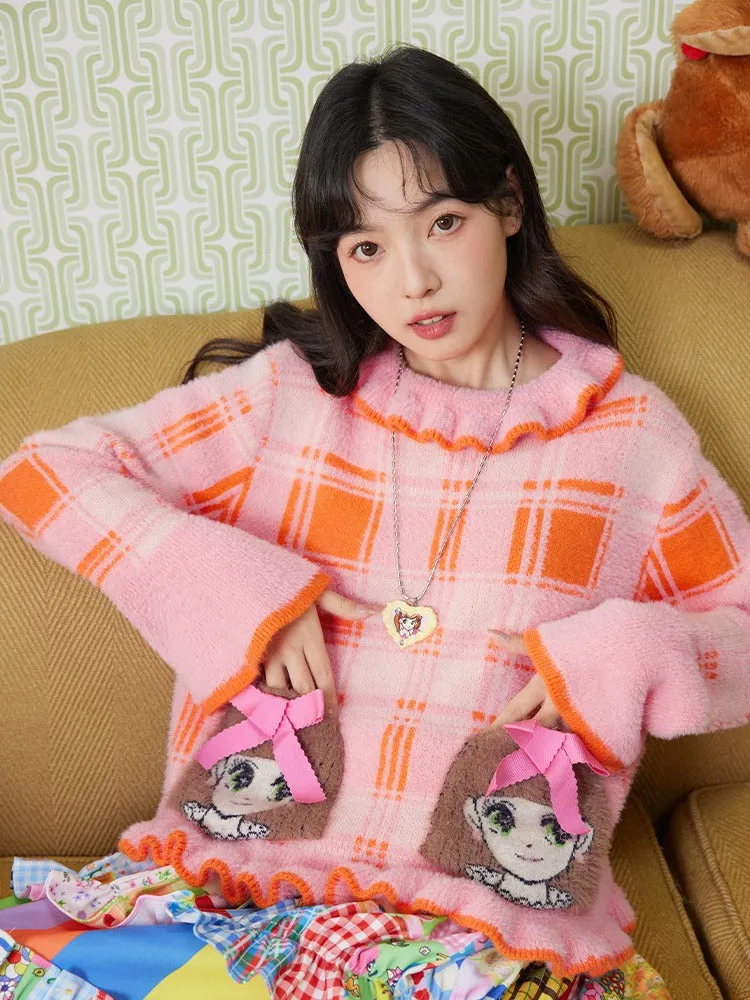 Plaid Girl Pocket Soft Plush Knitted Pullover