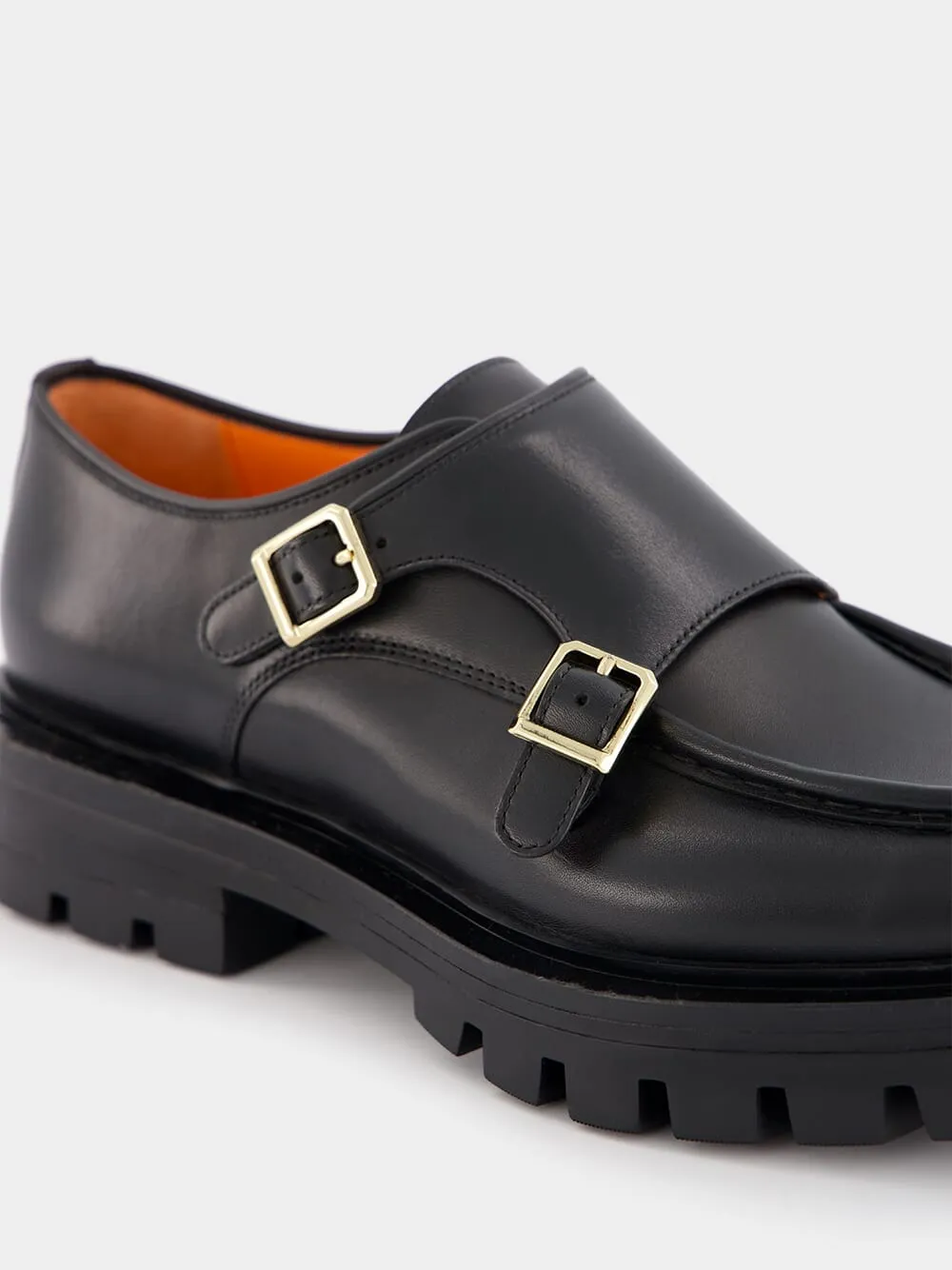 Polished Black Leather Double-Buckle Shoes