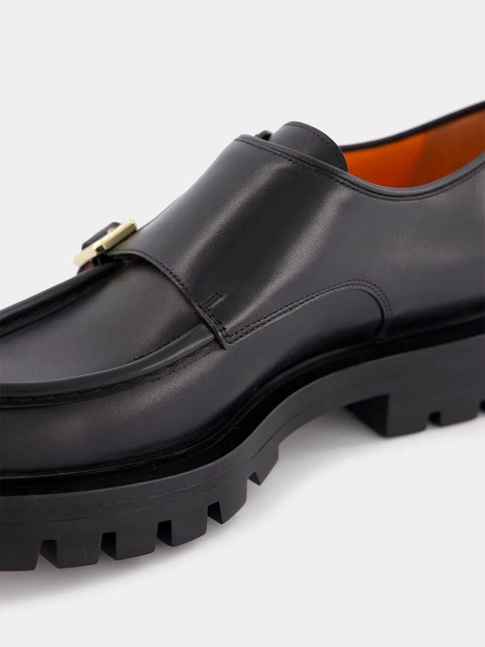 Polished Black Leather Double-Buckle Shoes