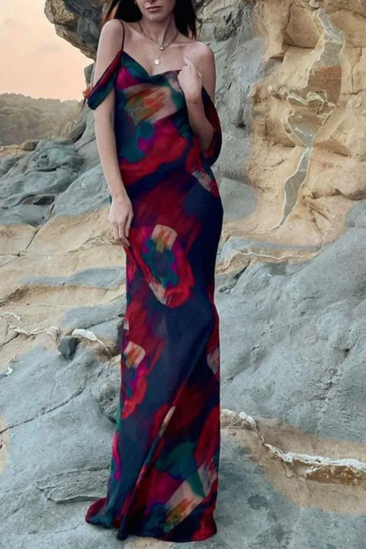 Print Off Shoulder Slim Maxi Dress