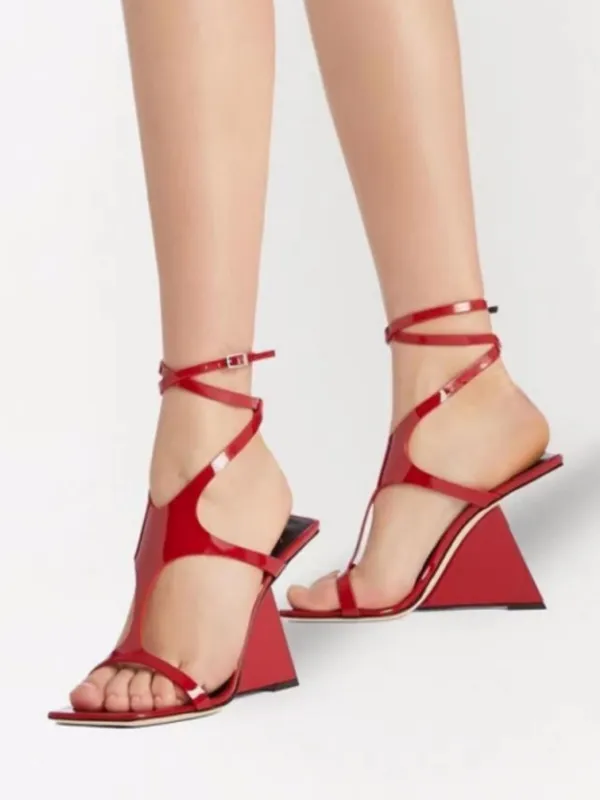 Red Sexy Open Toe Patent Strappy Women's Heel Ankle Strap Sandal Wedges