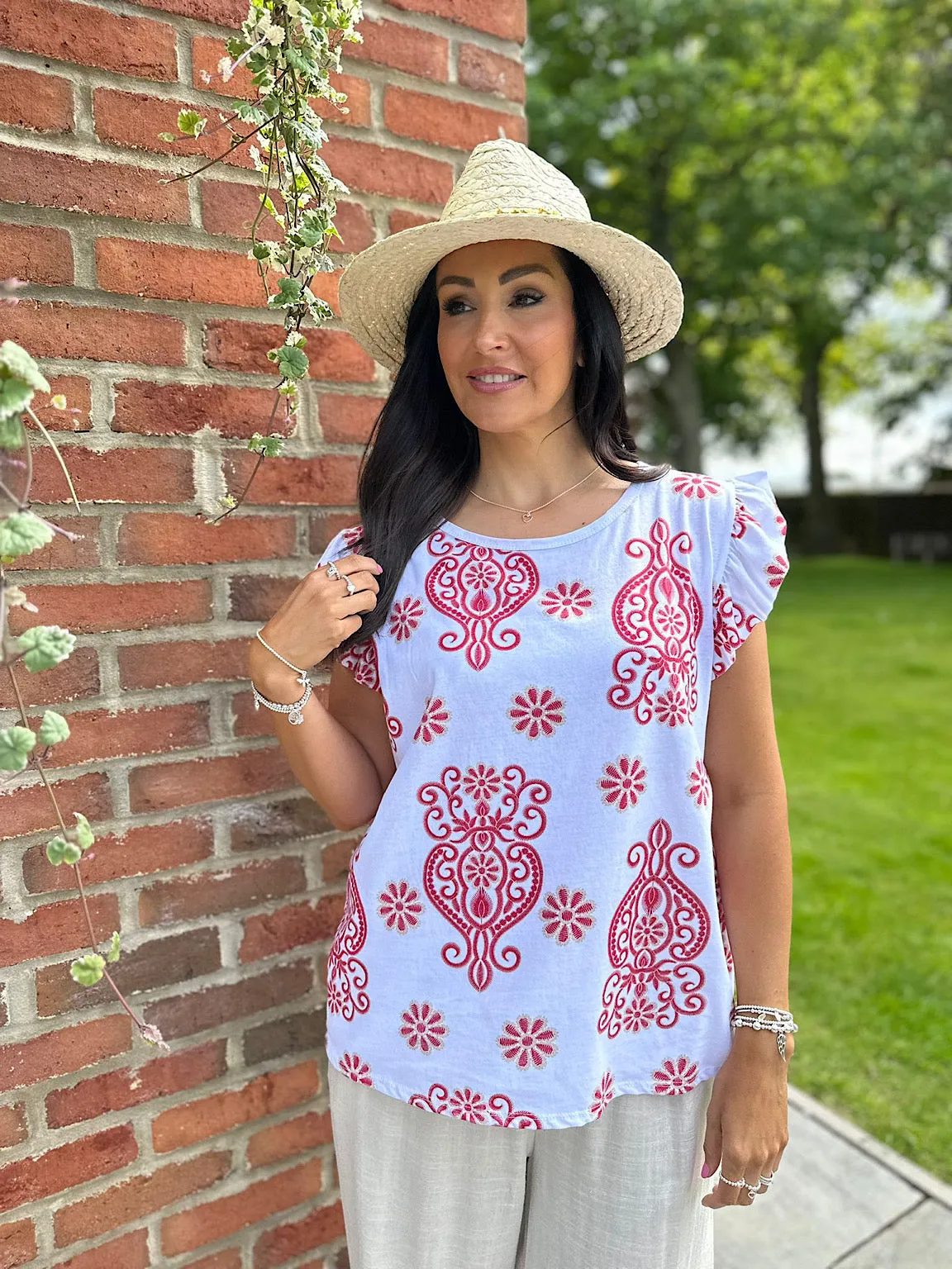 Rose Flower Print Top with Red Frill Sleeves