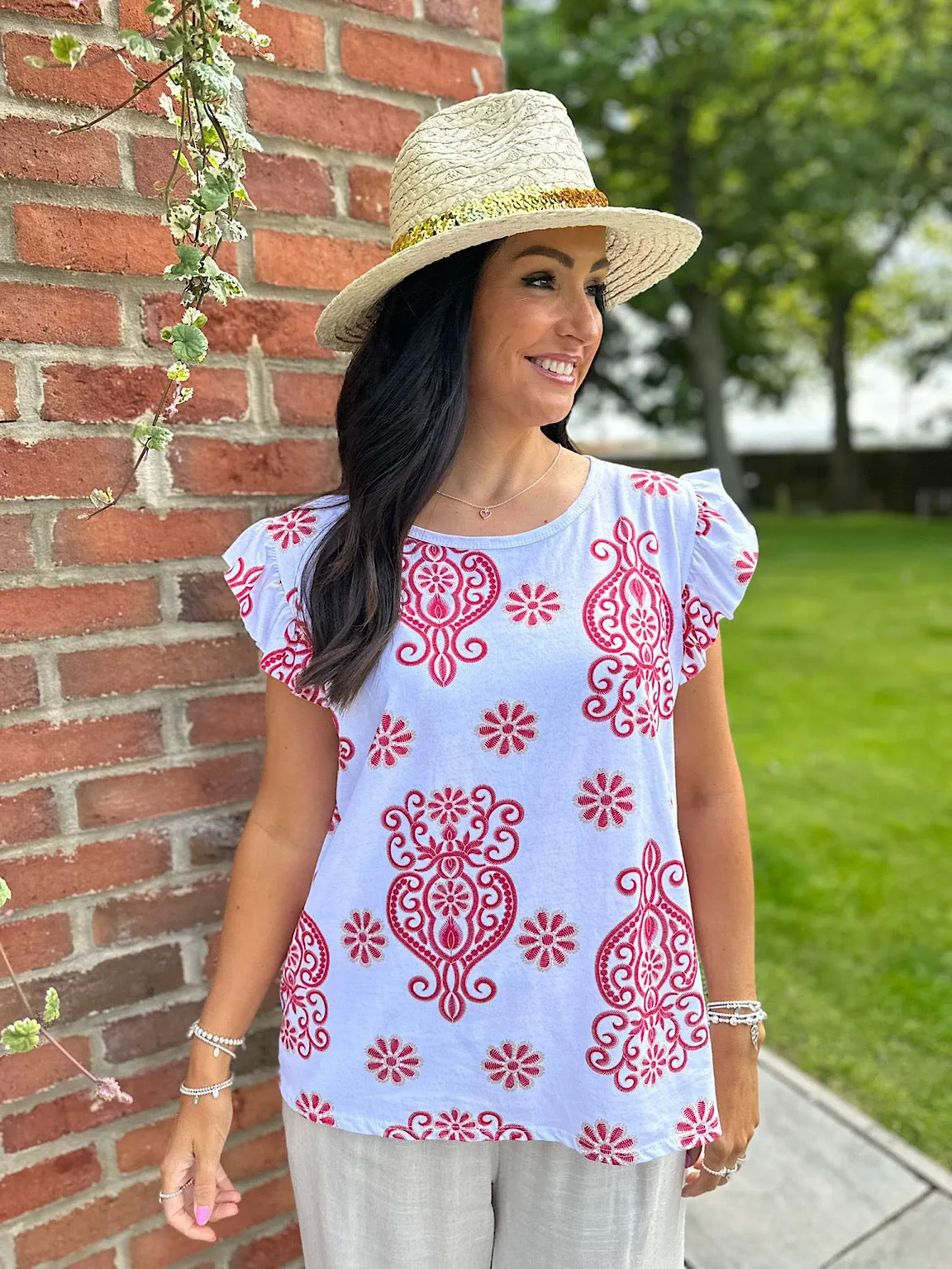 Rose Flower Print Top with Red Frill Sleeves