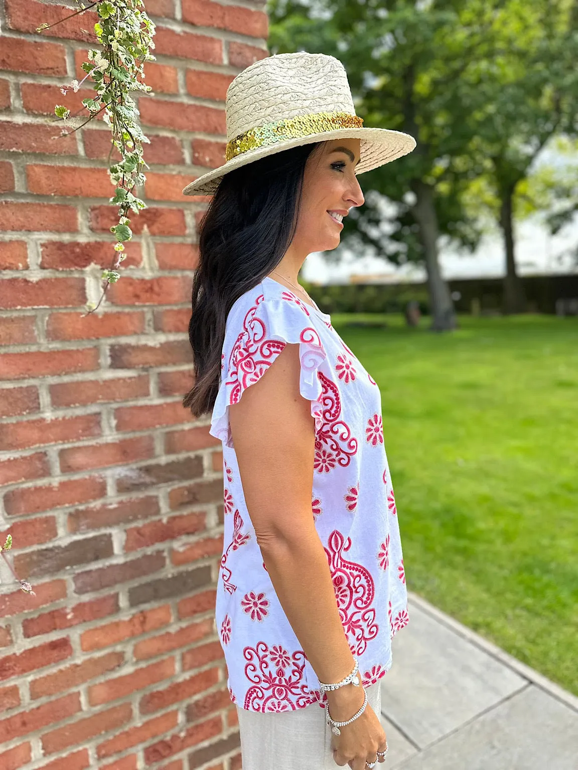 Rose Flower Print Top with Red Frill Sleeves