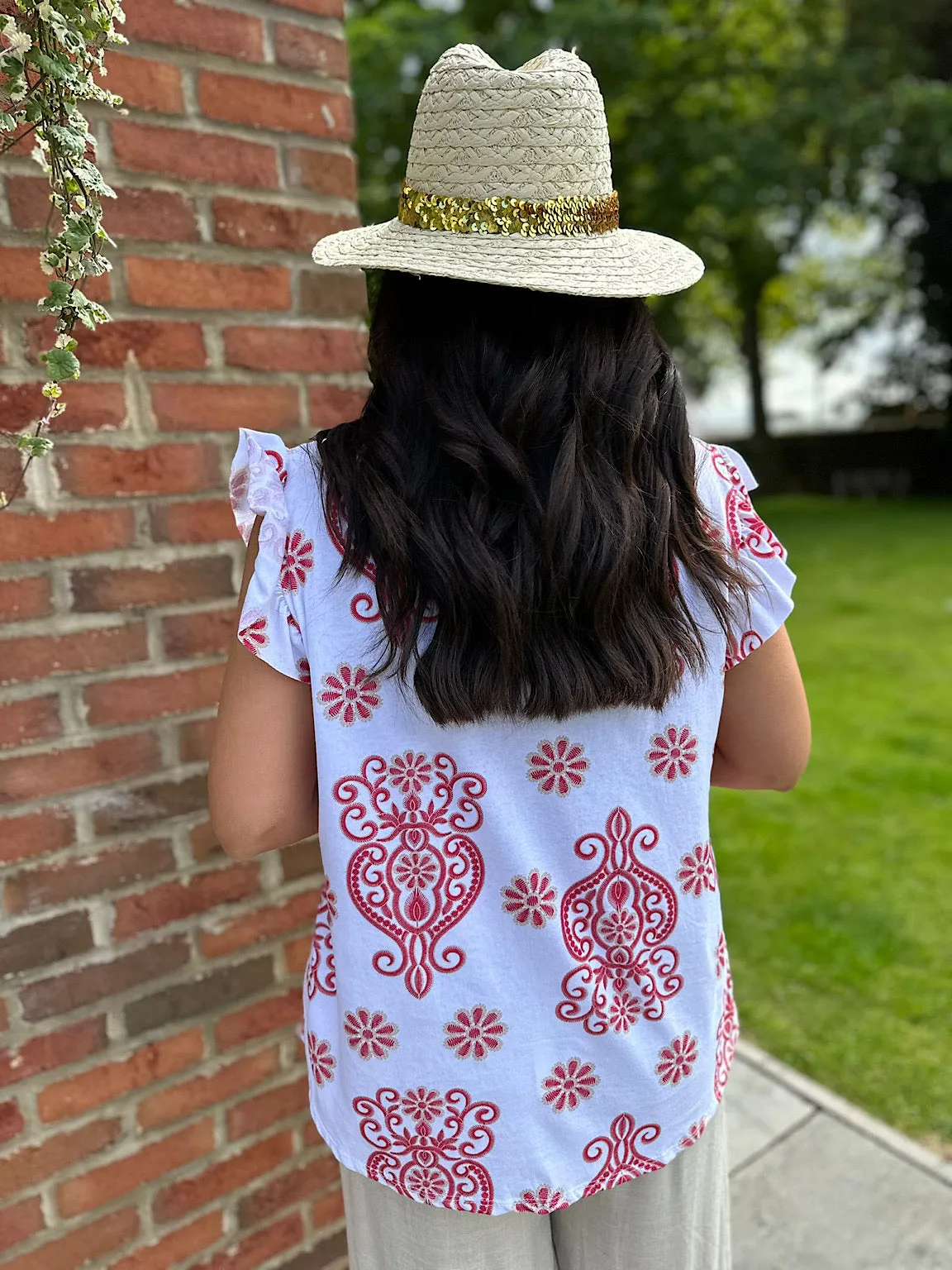 Rose Flower Print Top with Red Frill Sleeves