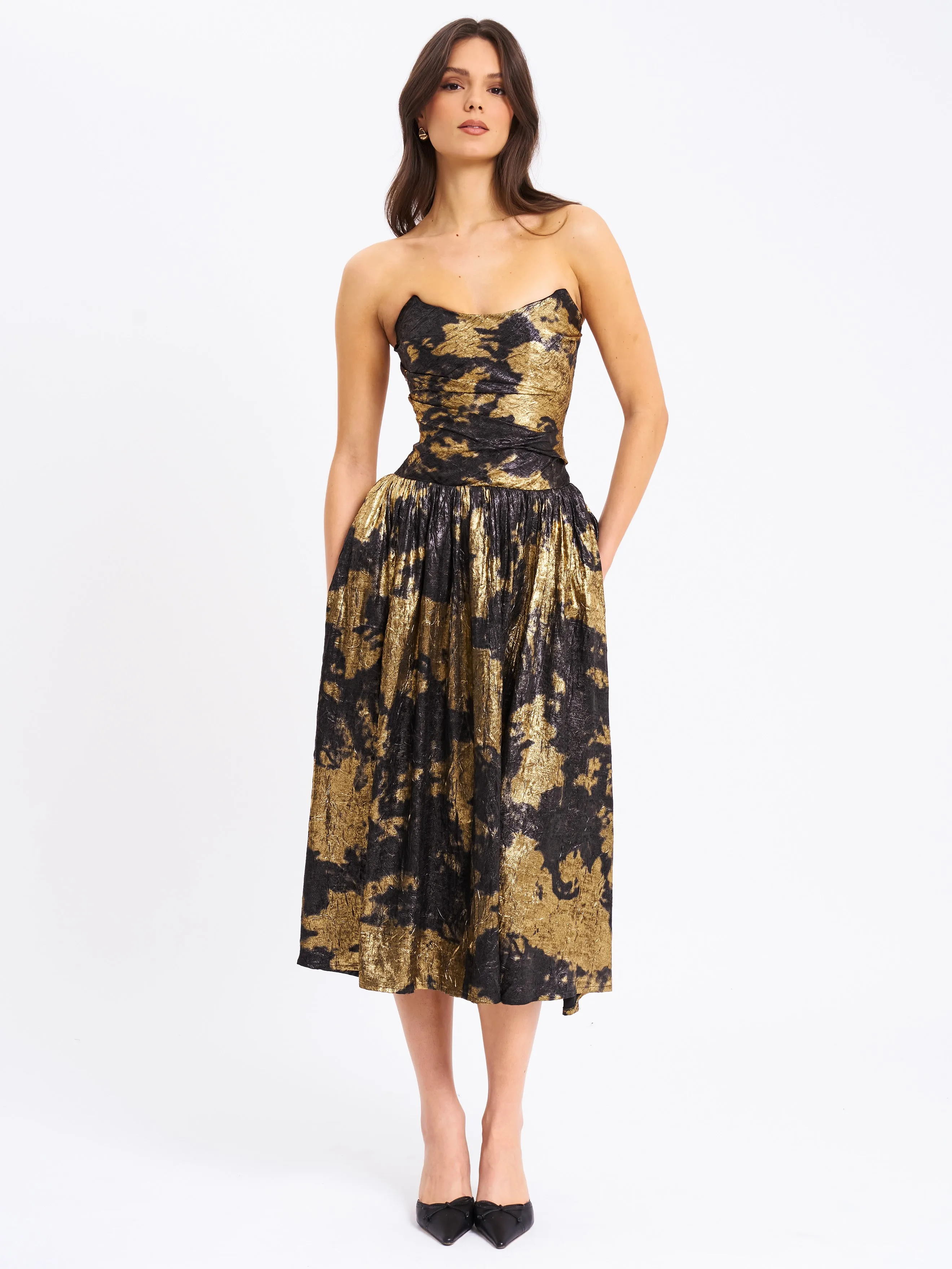 Saanvi Gold Tie Dye Bronzing Strapless Drop Waist Midi Dress