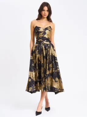 Saanvi Gold Tie Dye Bronzing Strapless Drop Waist Midi Dress