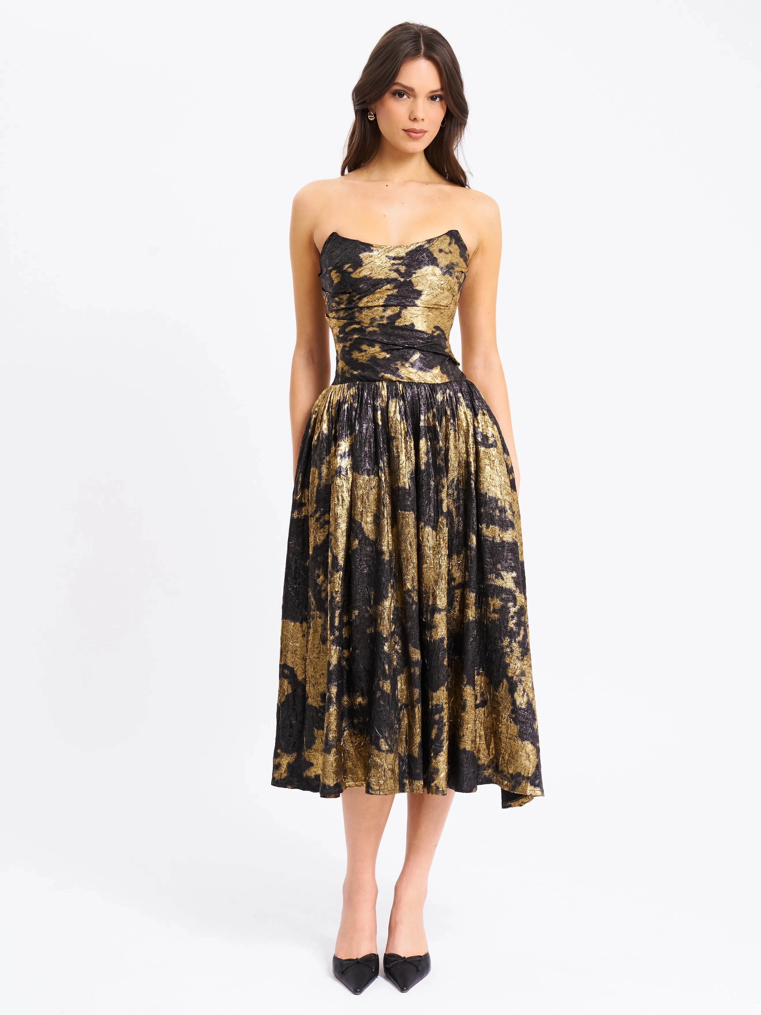 Saanvi Gold Tie Dye Bronzing Strapless Drop Waist Midi Dress