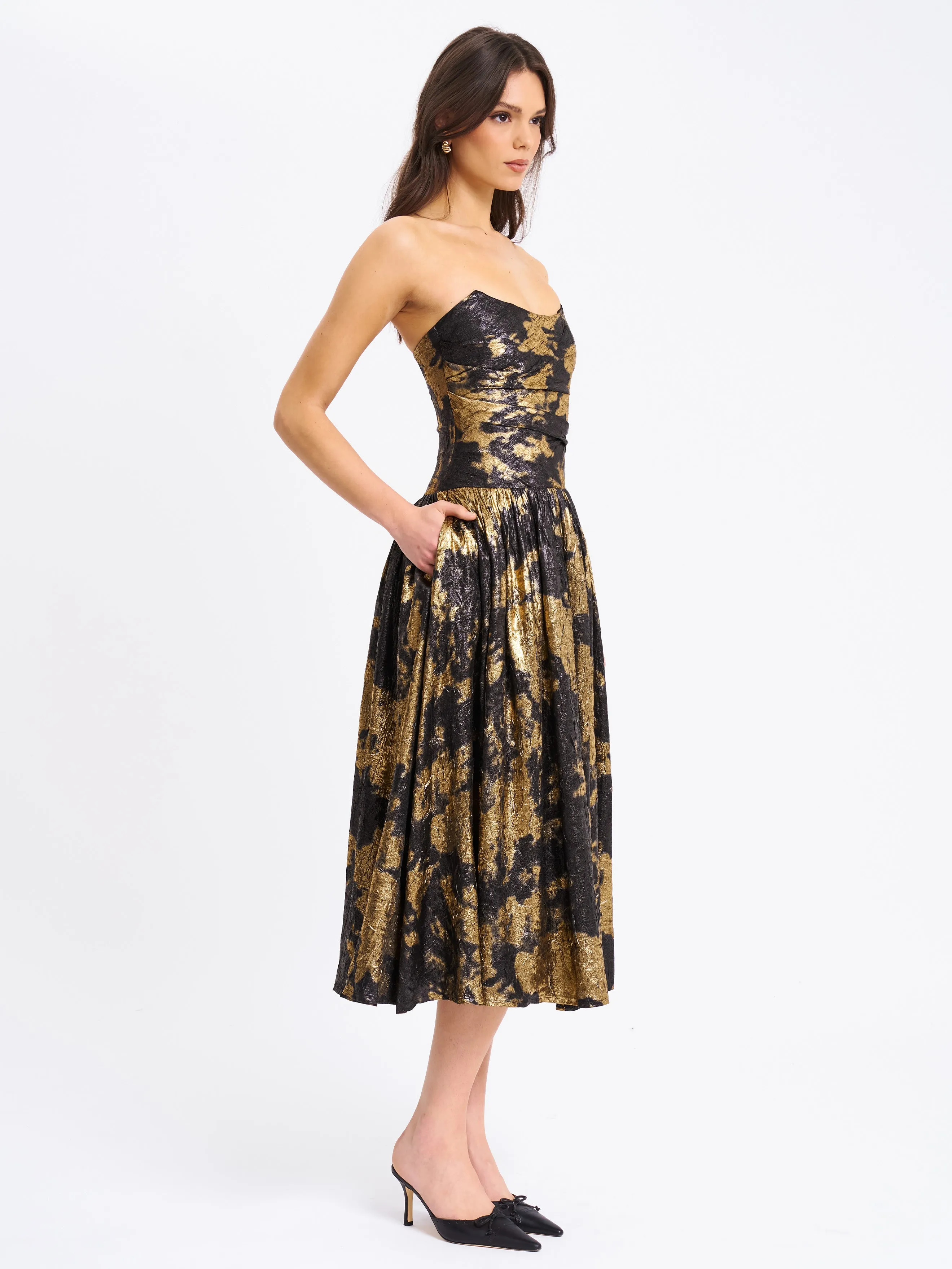 Saanvi Gold Tie Dye Bronzing Strapless Drop Waist Midi Dress