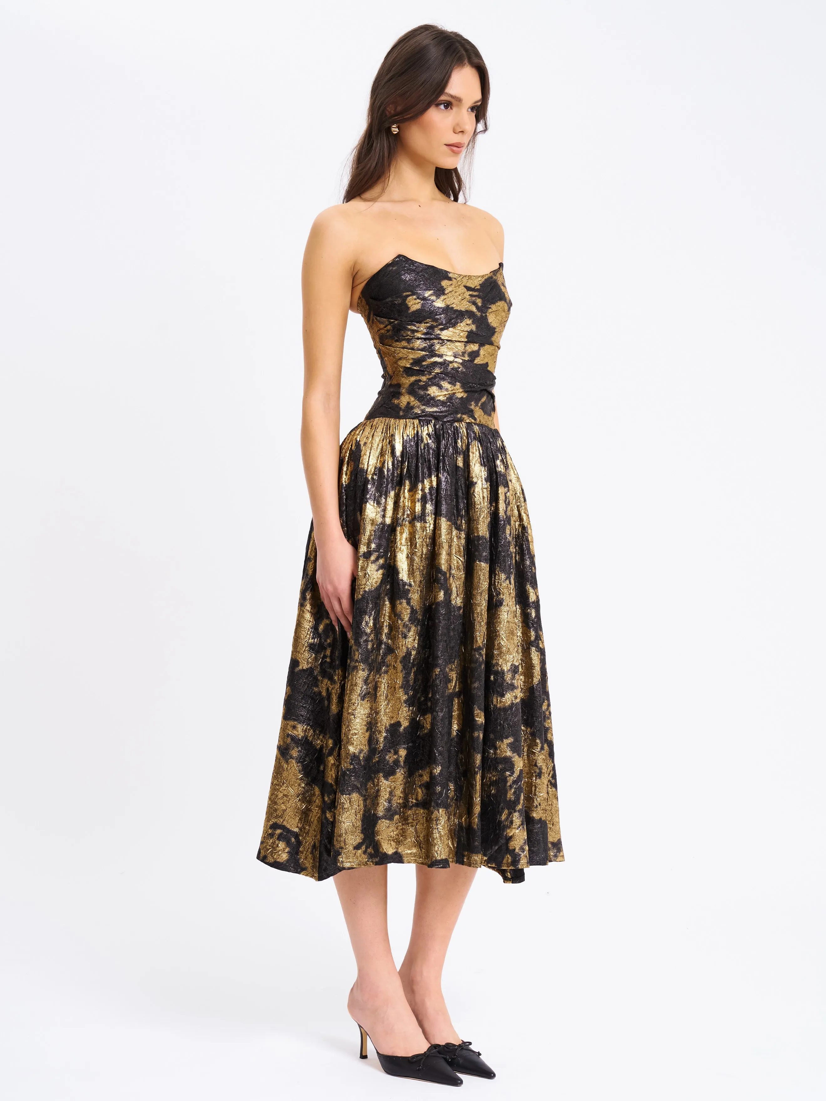 Saanvi Gold Tie Dye Bronzing Strapless Drop Waist Midi Dress