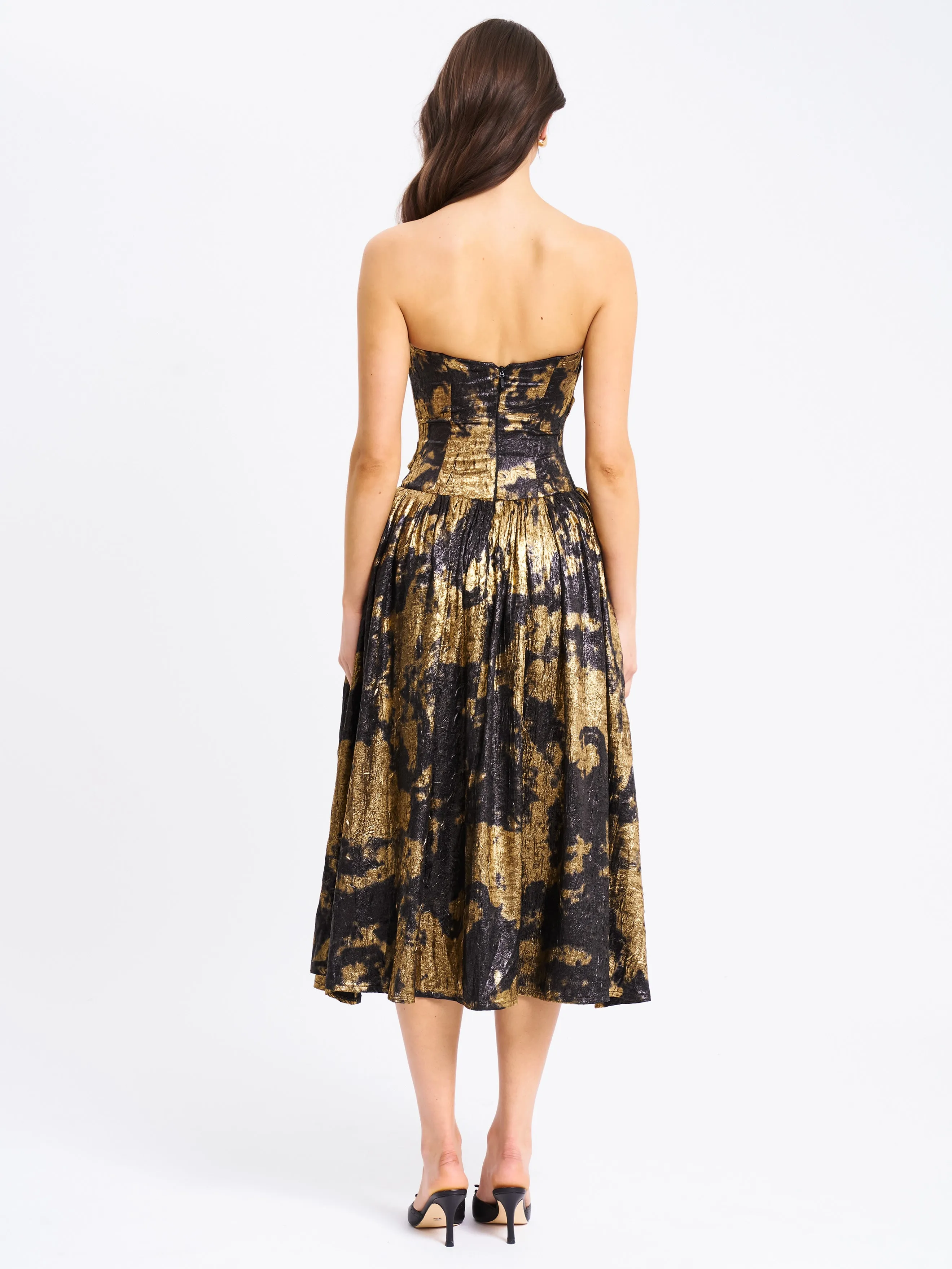 Saanvi Gold Tie Dye Bronzing Strapless Drop Waist Midi Dress