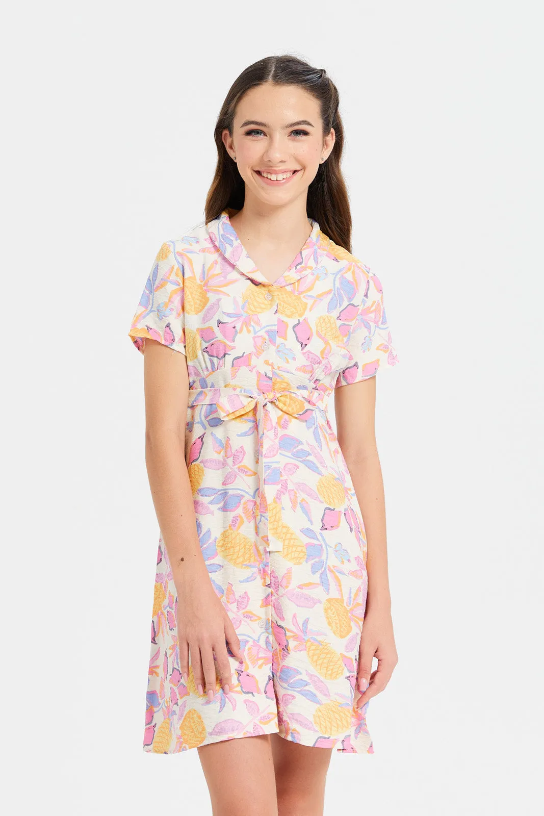 Senior Girls Cream Printed Dress