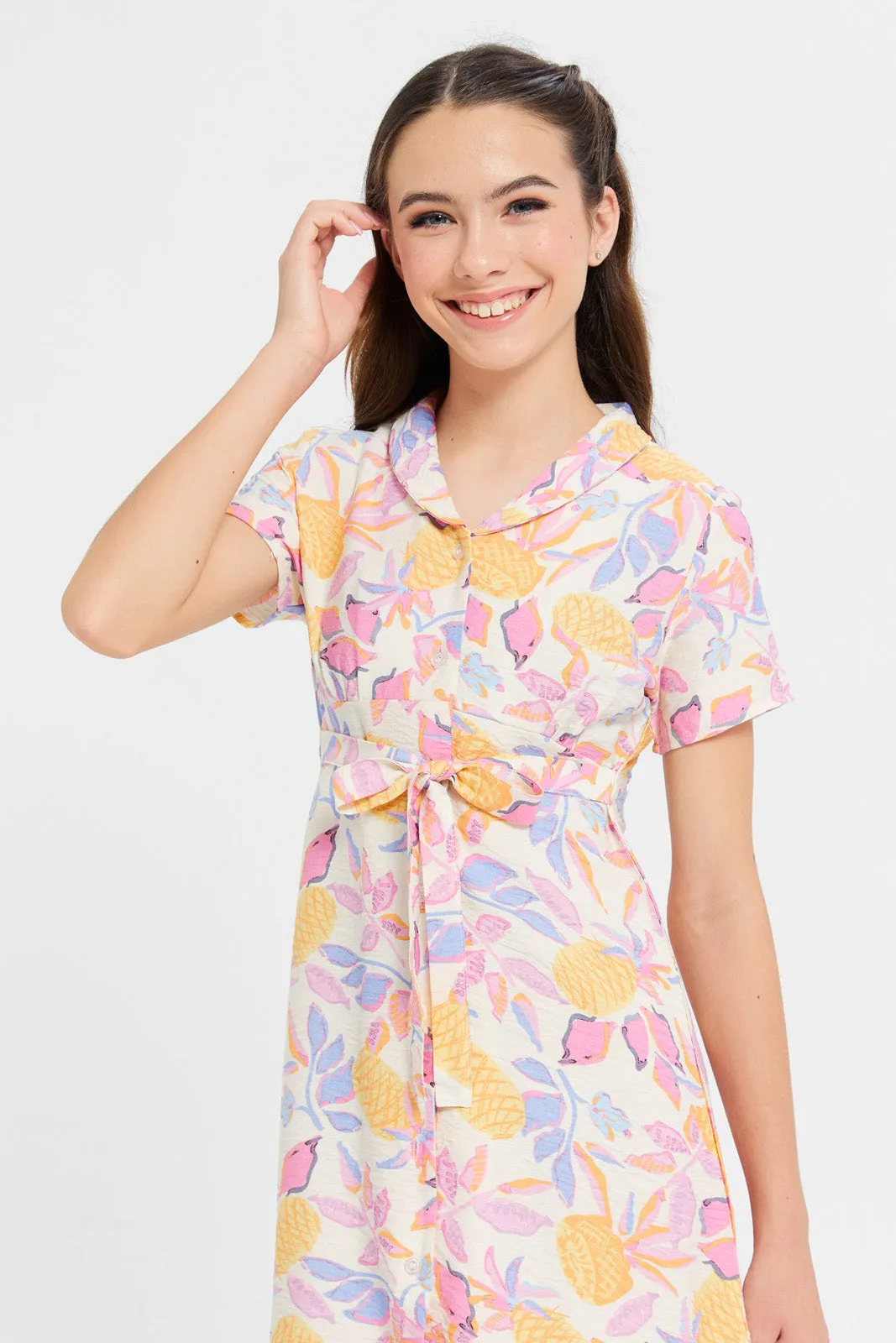 Senior Girls Cream Printed Dress