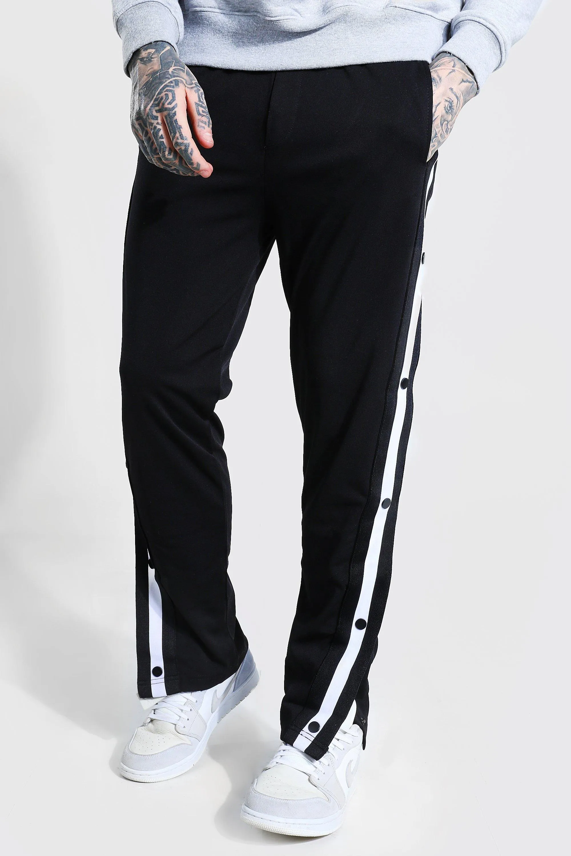 Side Tape Popper Tricot Joggers | boohooMAN UK