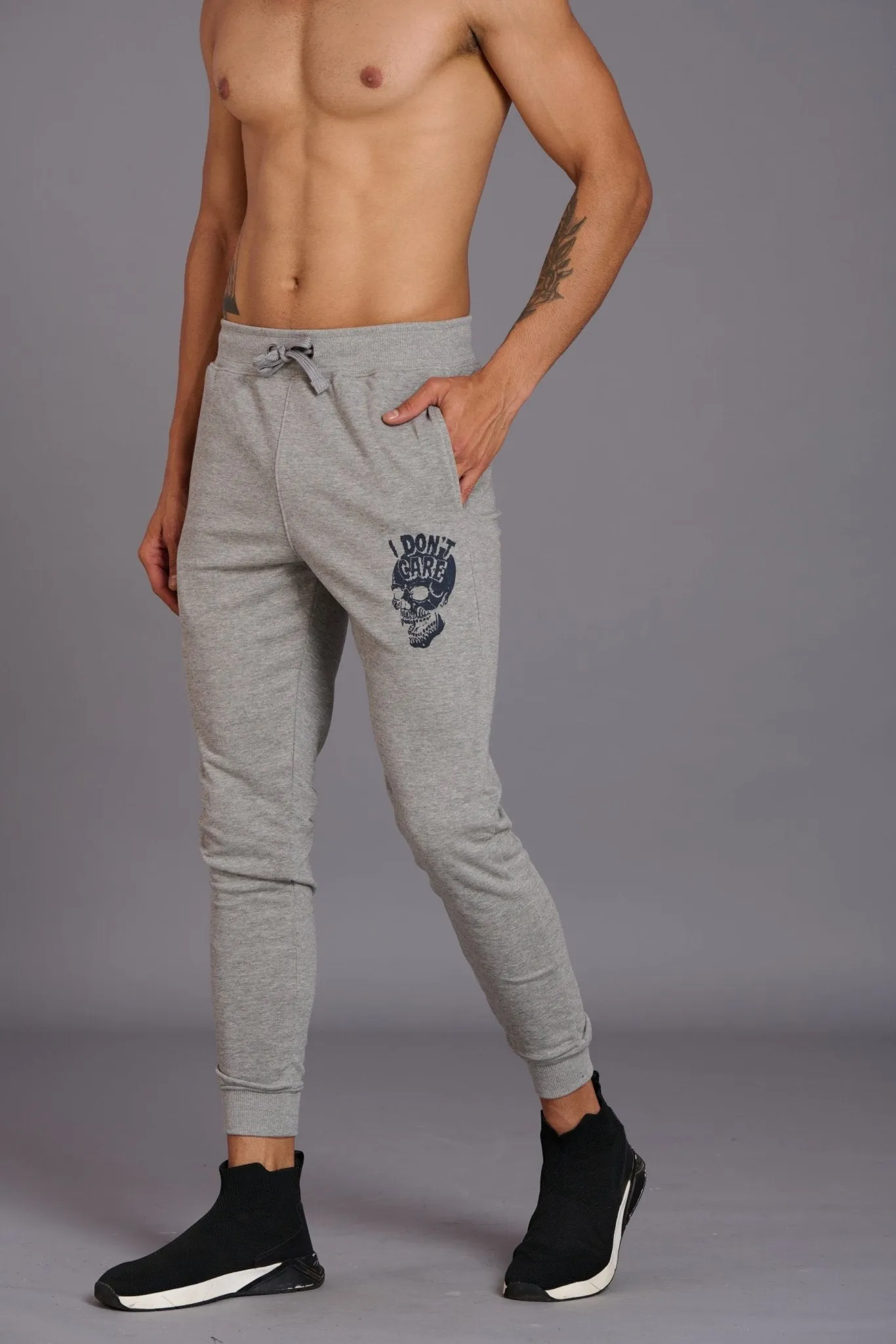 Skull & I Don’t Care Printed Grey Joggers for Men